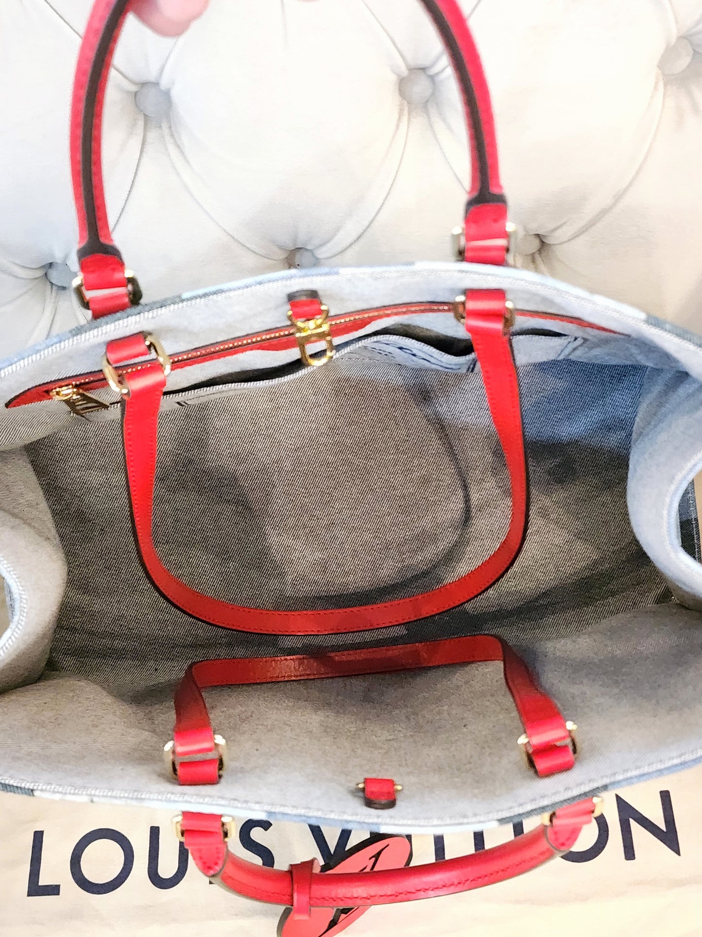 LOUIS VUITTON
Denim Damier Monogram OnTheGo in Blue Rouge