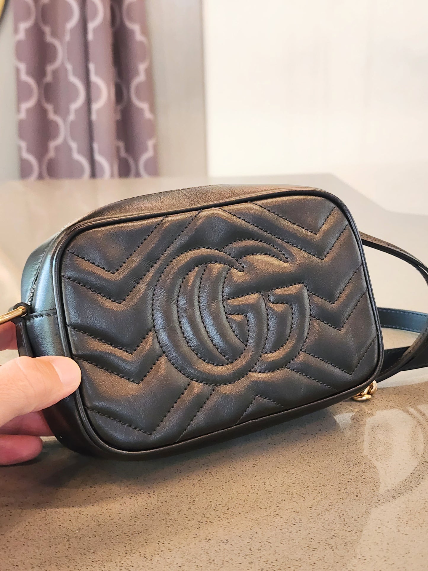 GUCCI
Calfskin Matelasse Mini GG Marmont Chain Shoulder Bag in Black