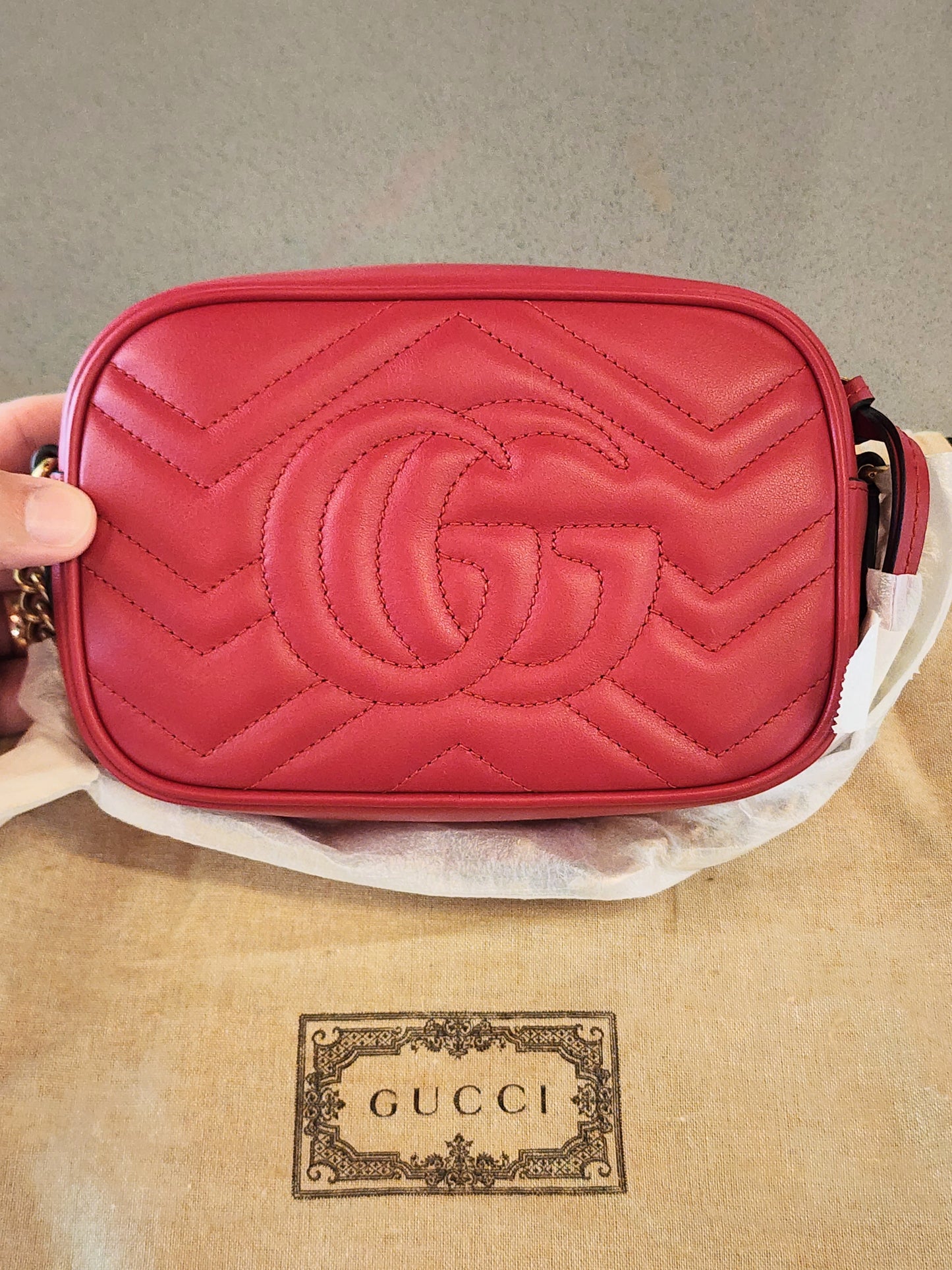 GUCCI
Calfskin Matelasse Mini GG Marmont Chain Shoulder Bag in Red