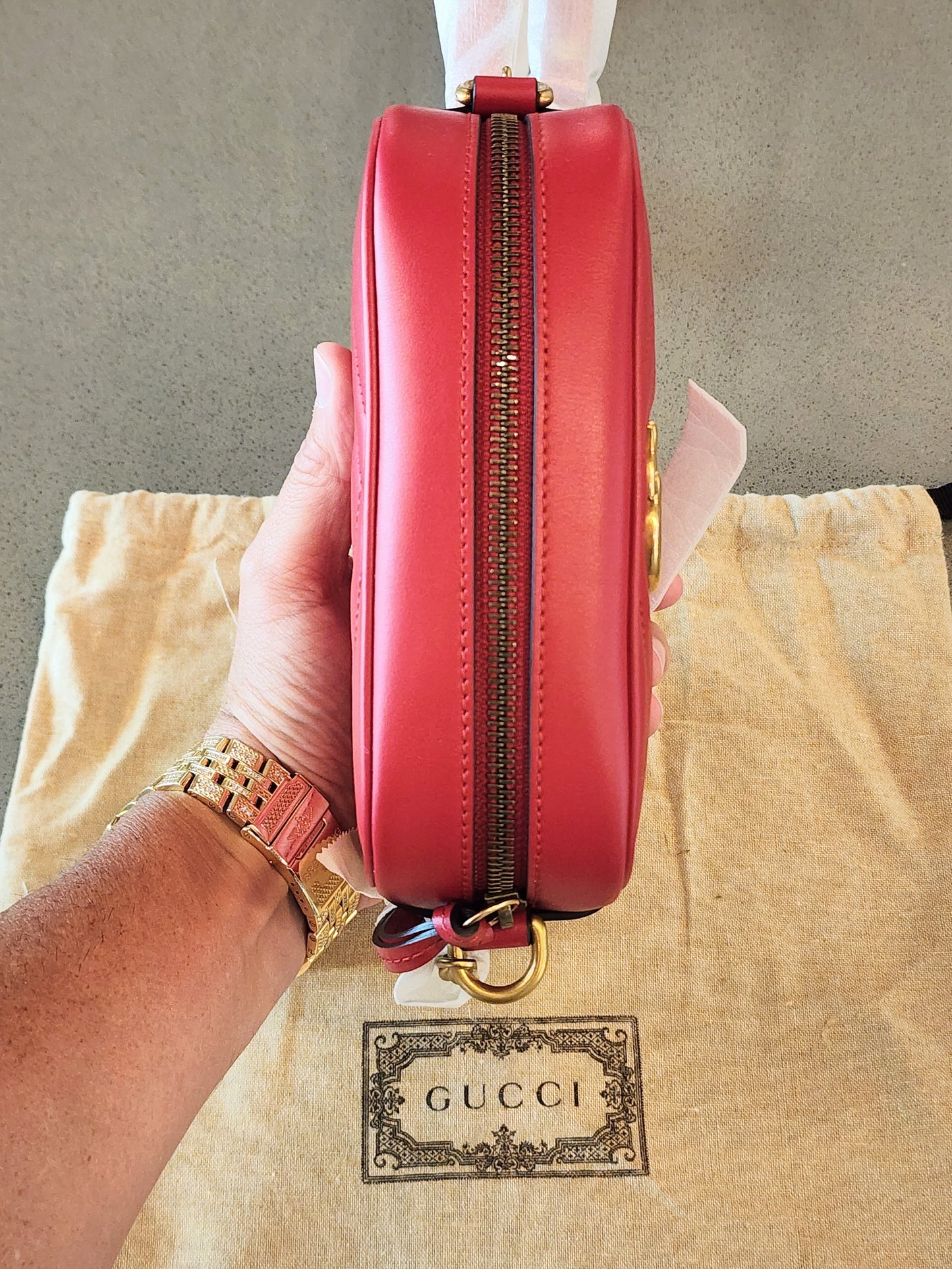 GUCCI
Calfskin Matelasse Mini GG Marmont Chain Shoulder Bag in Red