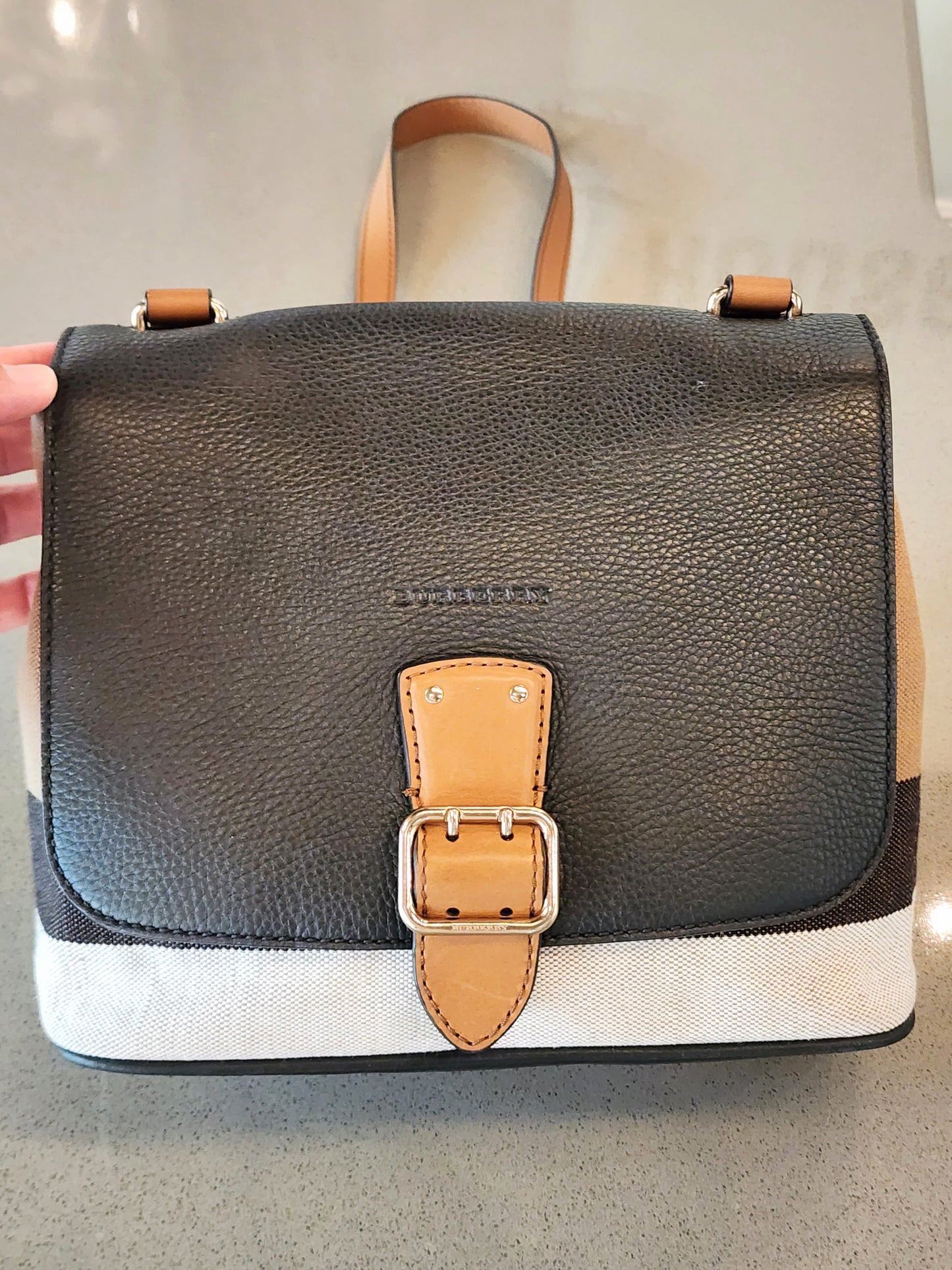 BURBERRY Canvas Check and Black Pebbled Leather Crossbody Bag