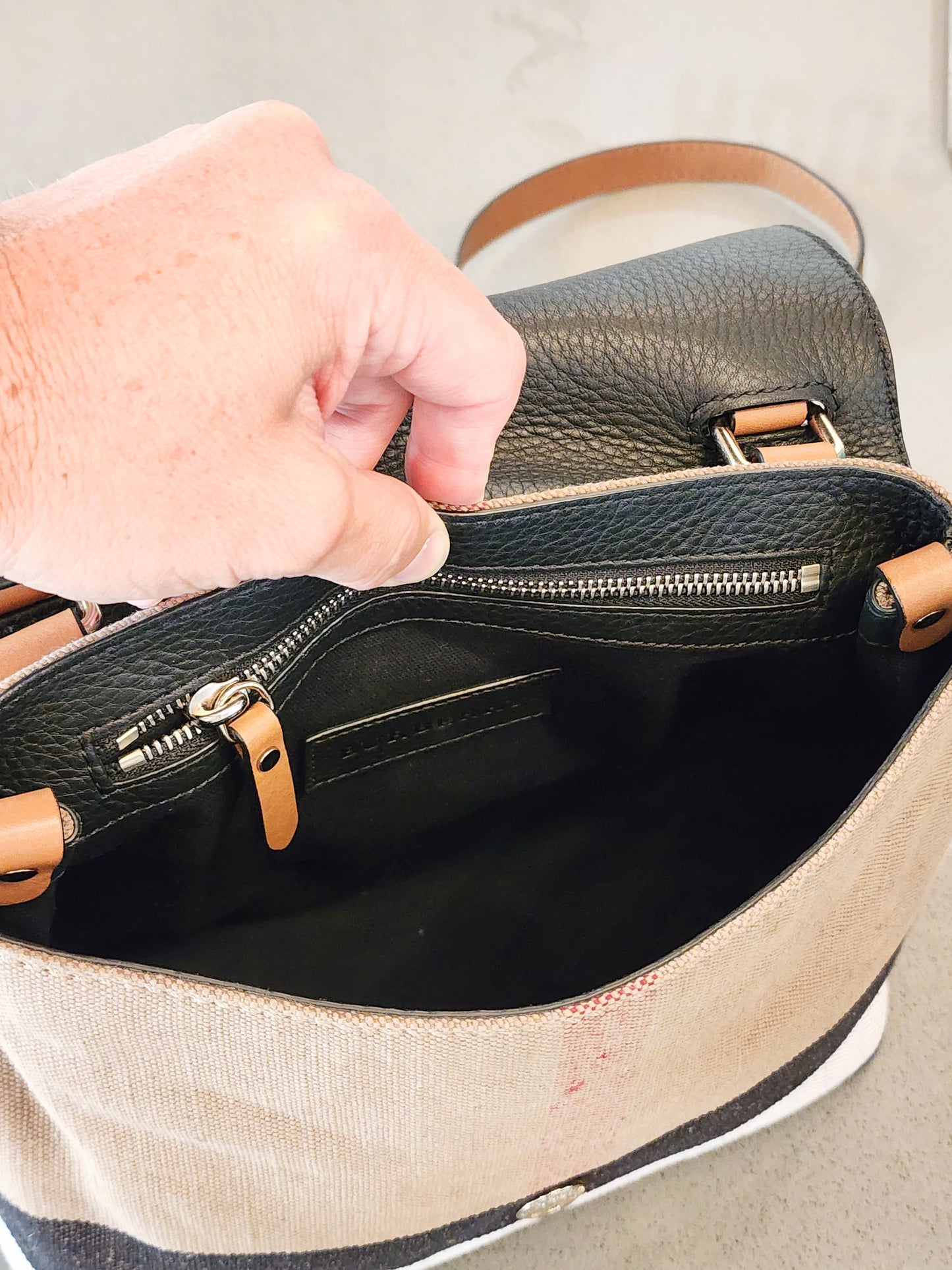 BURBERRY Canvas Check and Black Pebbled Leather Crossbody Bag