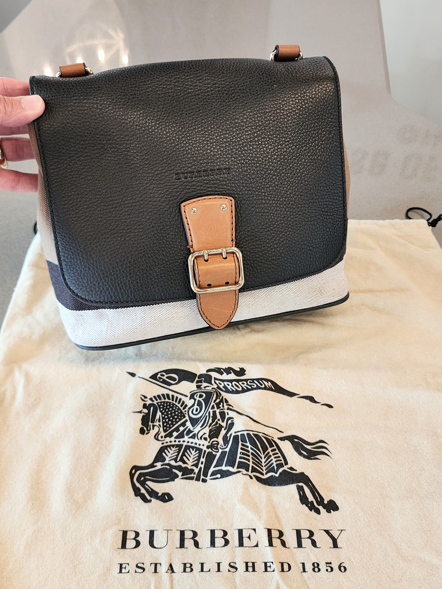 BURBERRY Canvas Check and Black Pebbled Leather Crossbody Bag