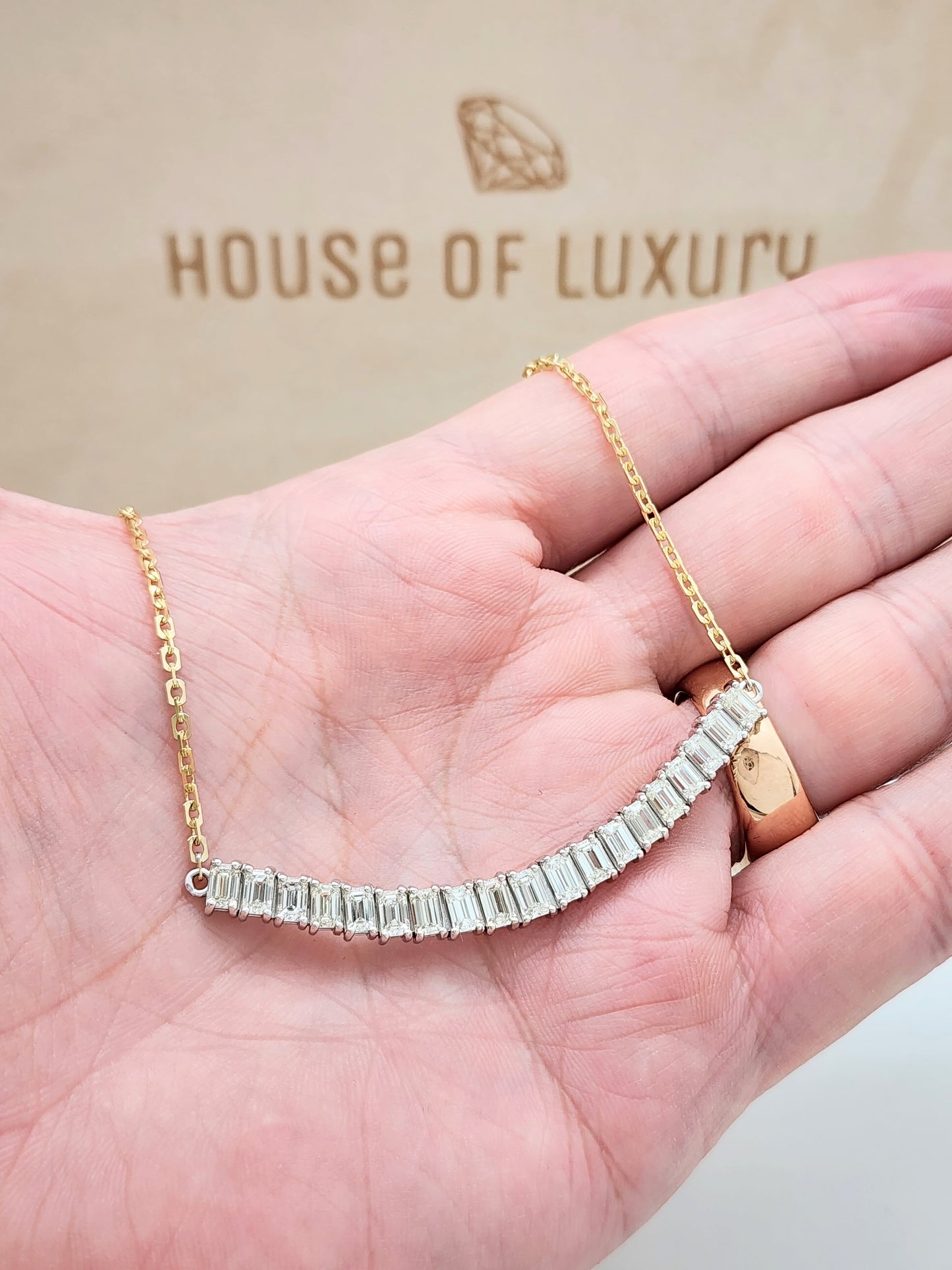 INSANELY BEAUTIFUL Custom Diamond Bar Necklace14K Two-Tone!!!! 5.00 Carats of Emerald Cut Diamonds!!