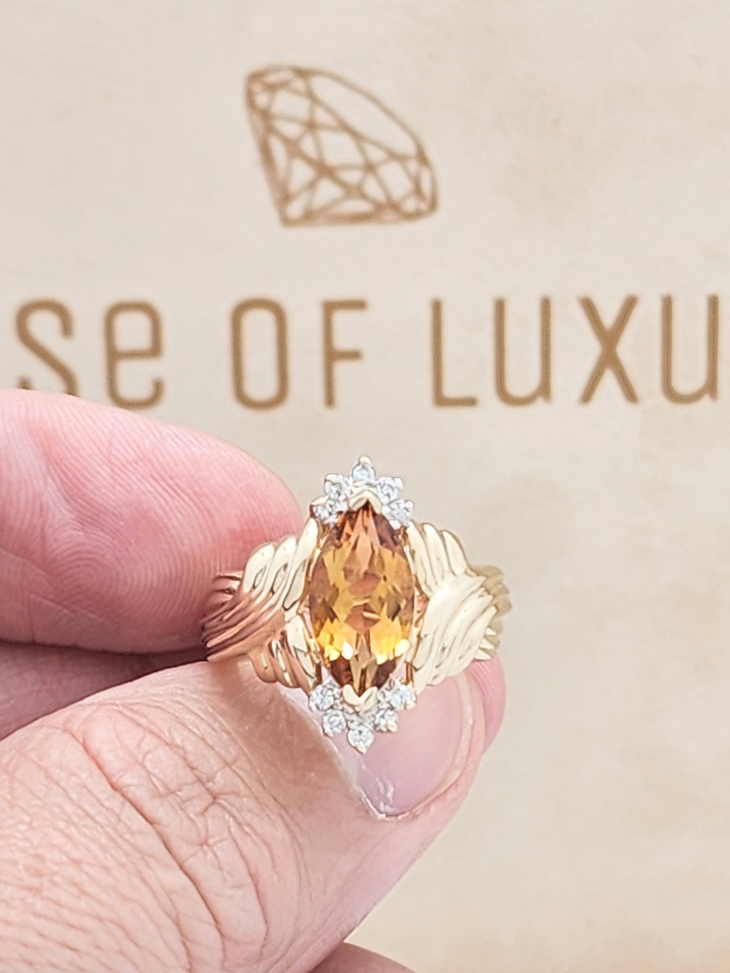 Large Citrine and Diamond Ring in 14K