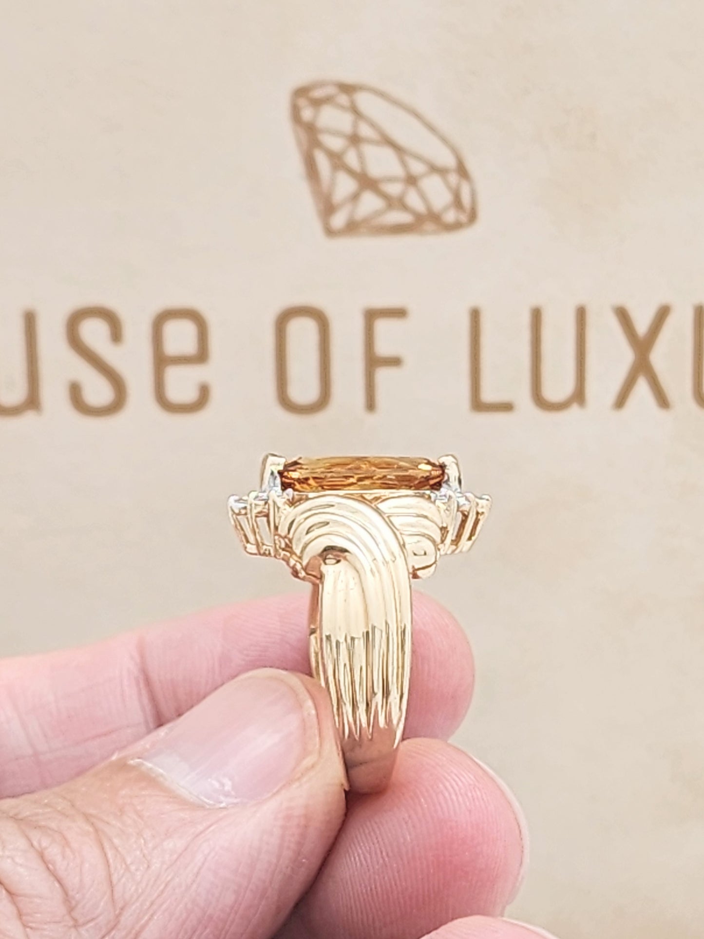 Large Citrine and Diamond Ring in 14K