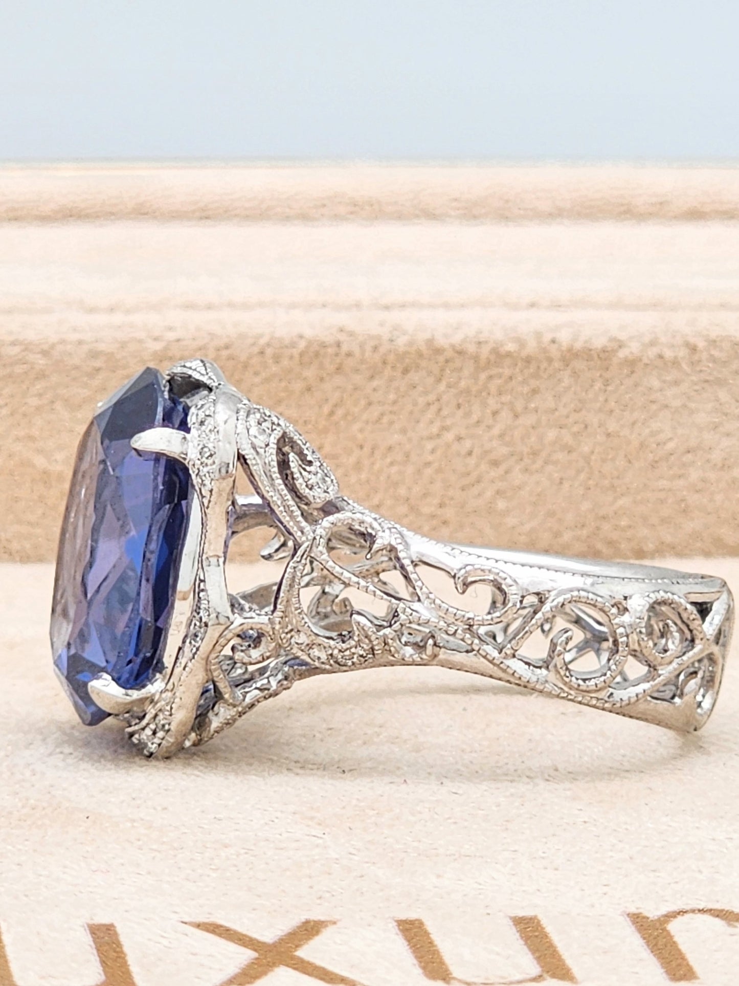 Estate Custom Platinum Diamond Setting Displaying a 12 x 16mm Oval Cut Synthetic Alexandrite