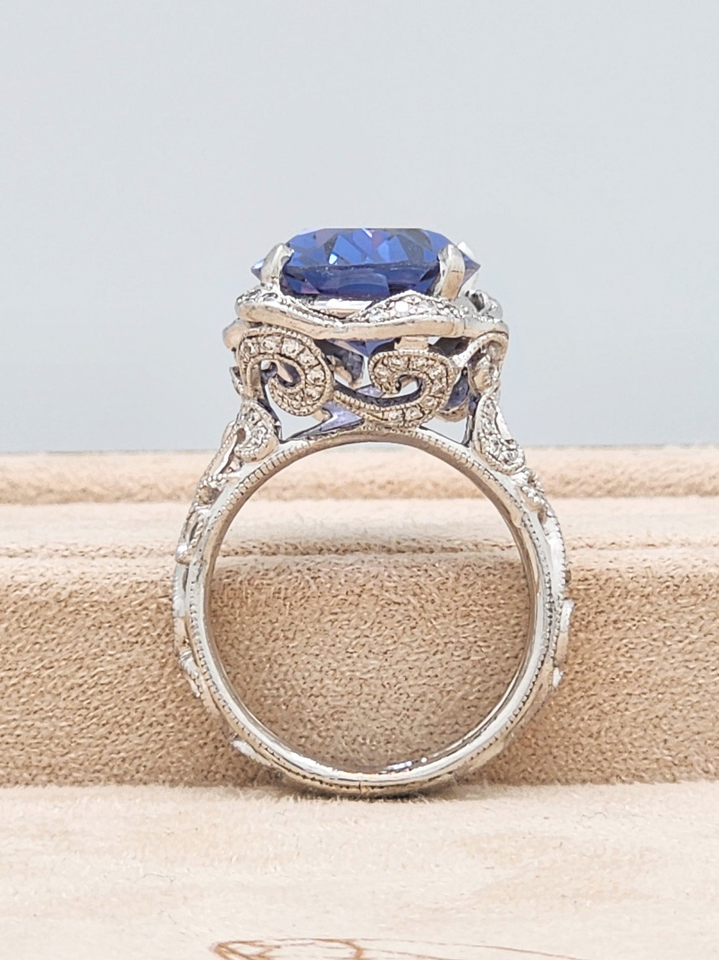 Estate Custom Platinum Diamond Setting Displaying a 12 x 16mm Oval Cut Synthetic Alexandrite