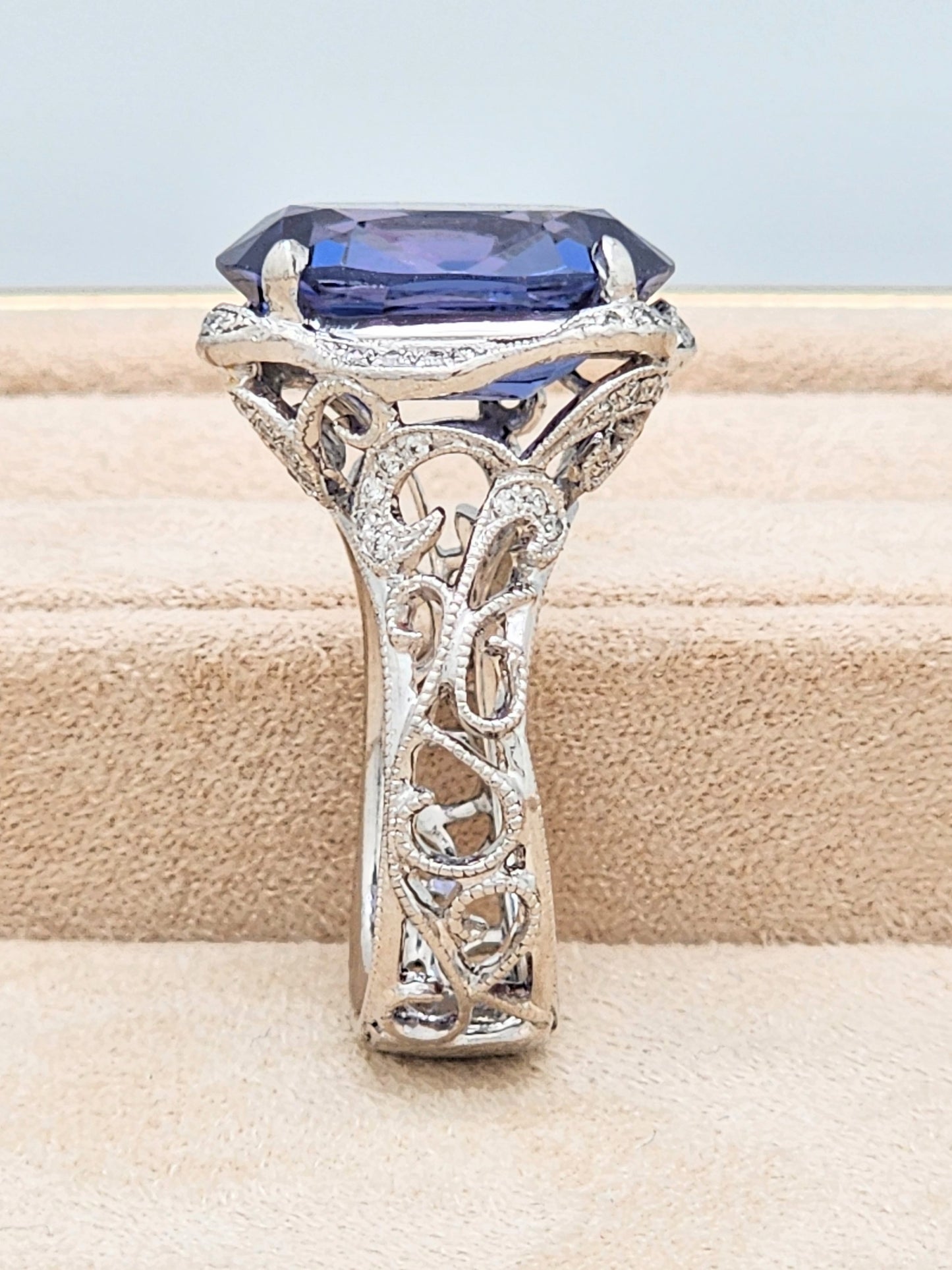 Estate Custom Platinum Diamond Setting Displaying a 12 x 16mm Oval Cut Synthetic Alexandrite