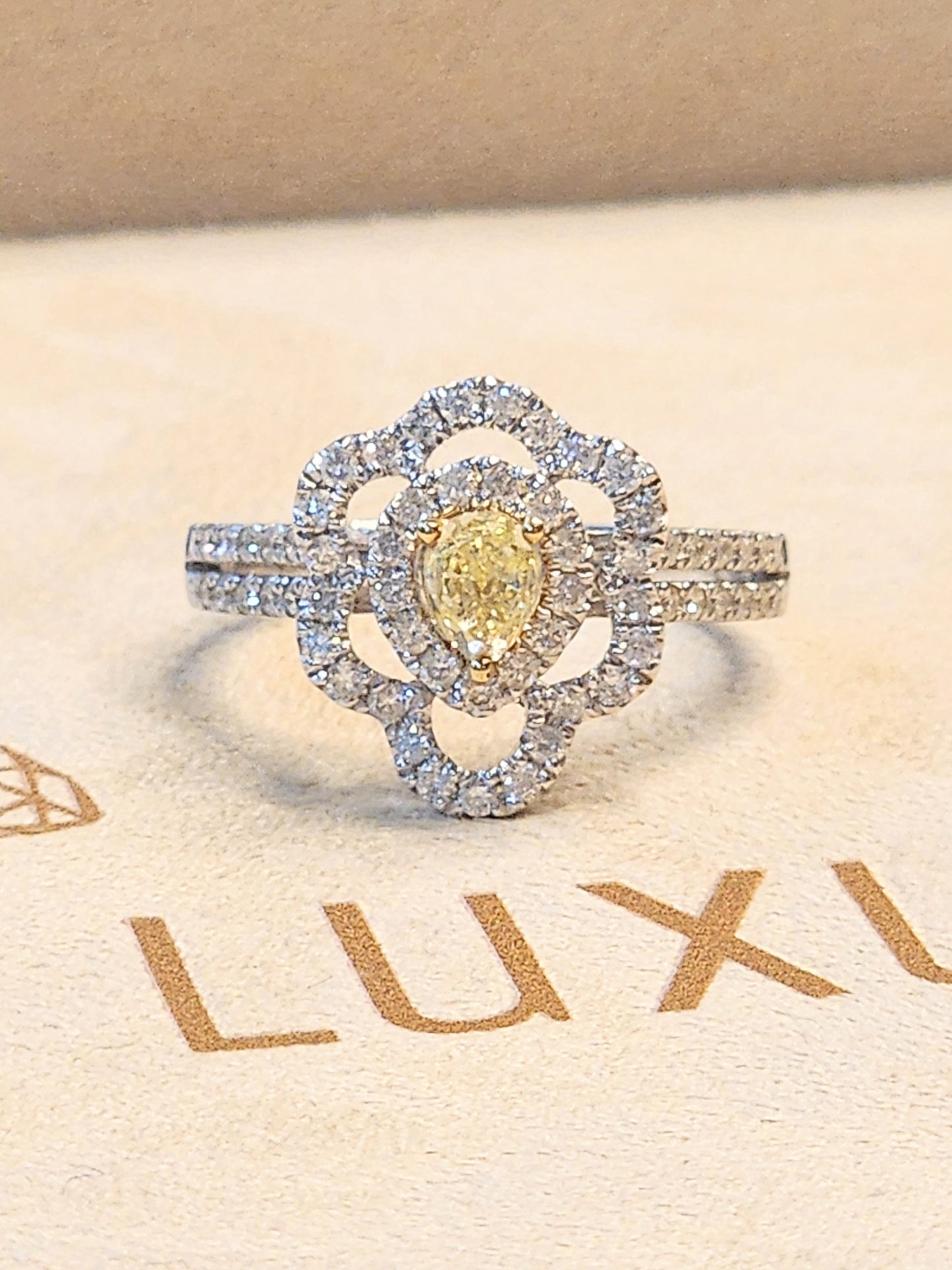 Natural Yellow Pear Shape Diamond in Super Sexy and Elegant 18K Pavé Diamond Setting!!