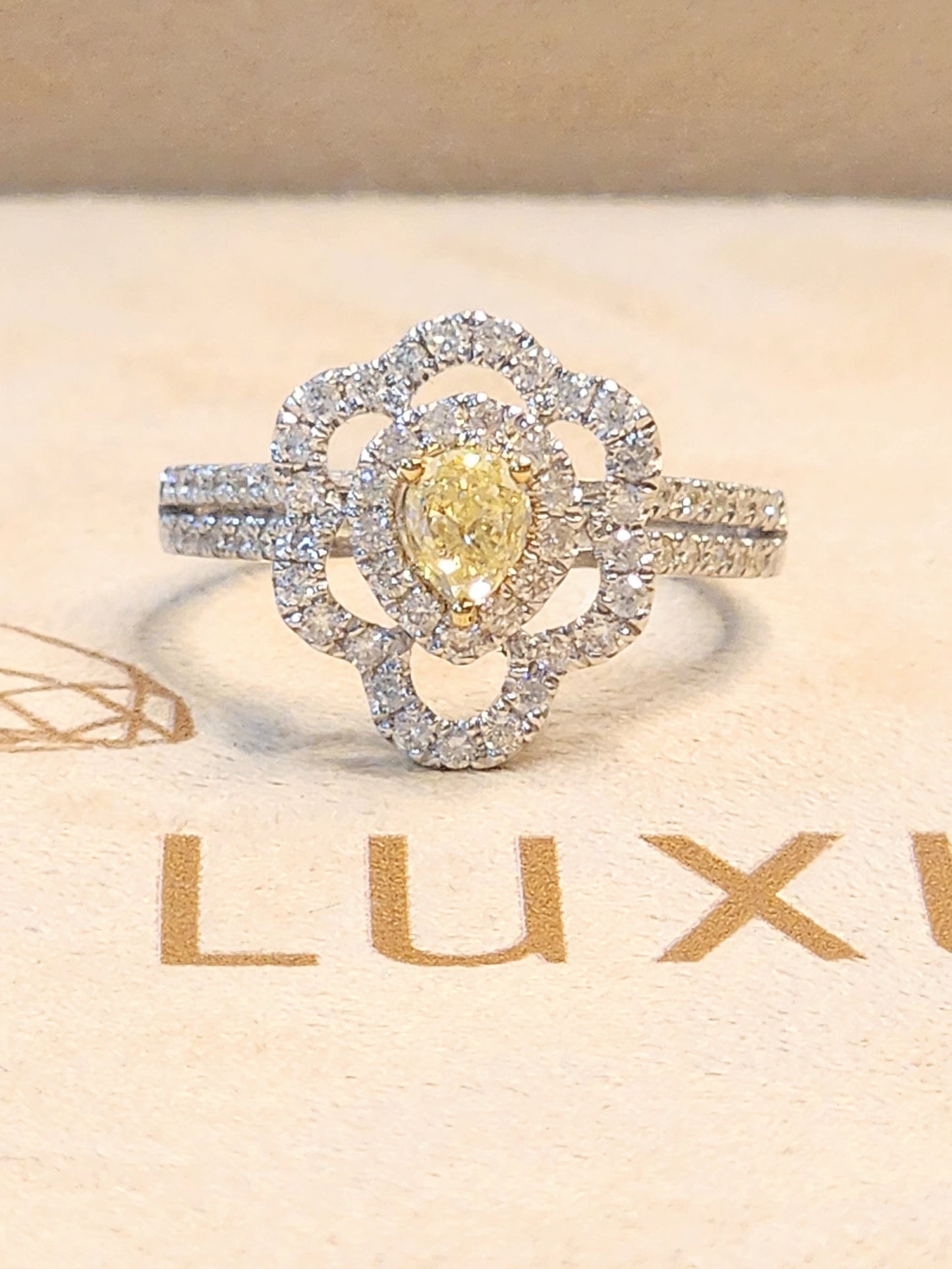 Natural Yellow Pear Shape Diamond in Super Sexy and Elegant 18K Pavé Diamond Setting!!