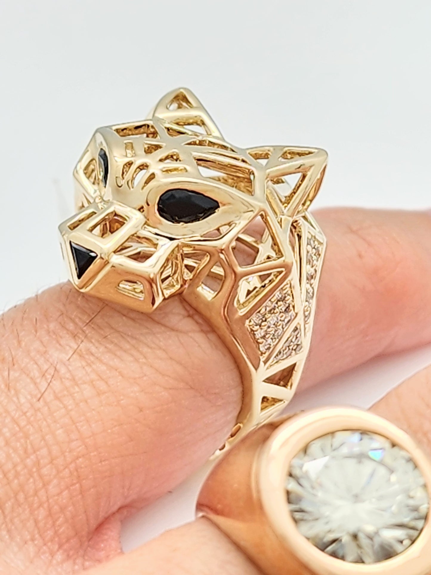 OVERSIZED 0.90 CARAT DIAMOND and BLACK ONYX PANTHER RING in 10KYG
