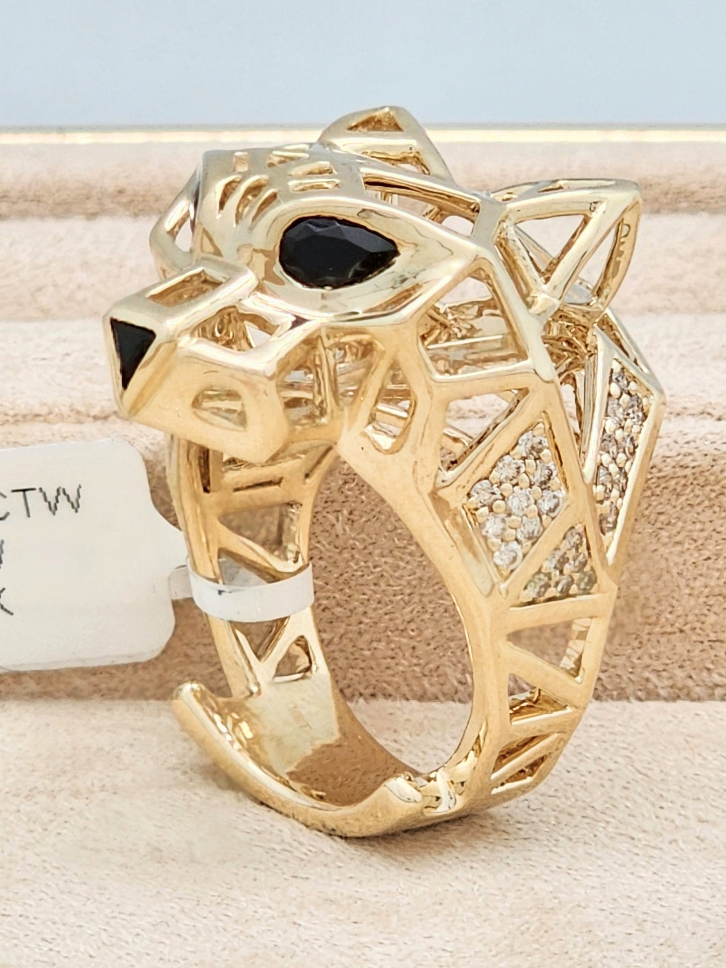 OVERSIZED 0.90 CARAT DIAMOND and BLACK ONYX PANTHER RING in 10KYG