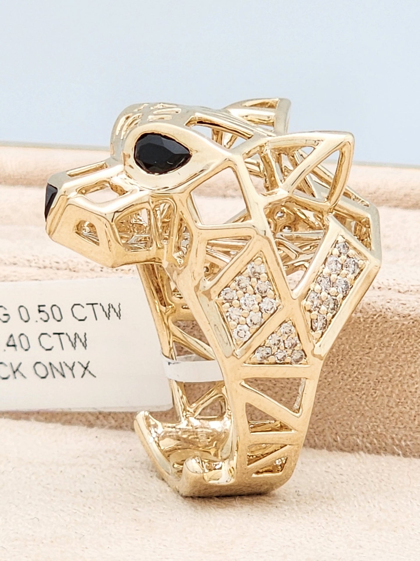 OVERSIZED 0.90 CARAT DIAMOND and BLACK ONYX PANTHER RING in 10KYG