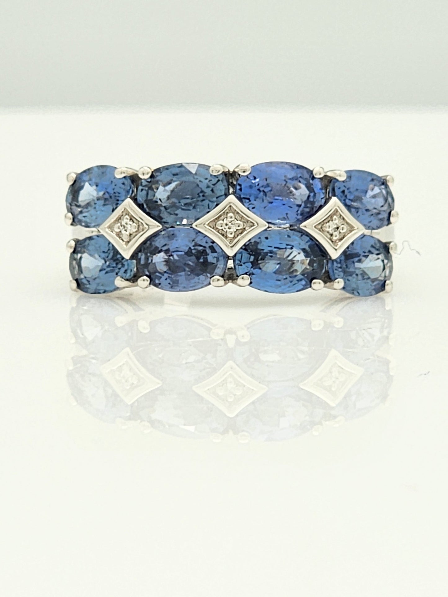 4.50 CARAT 8-STONE CEYLON BLUE SAPPHIRE and DIAMOND RING in 18KWG!!! SIZE 5
