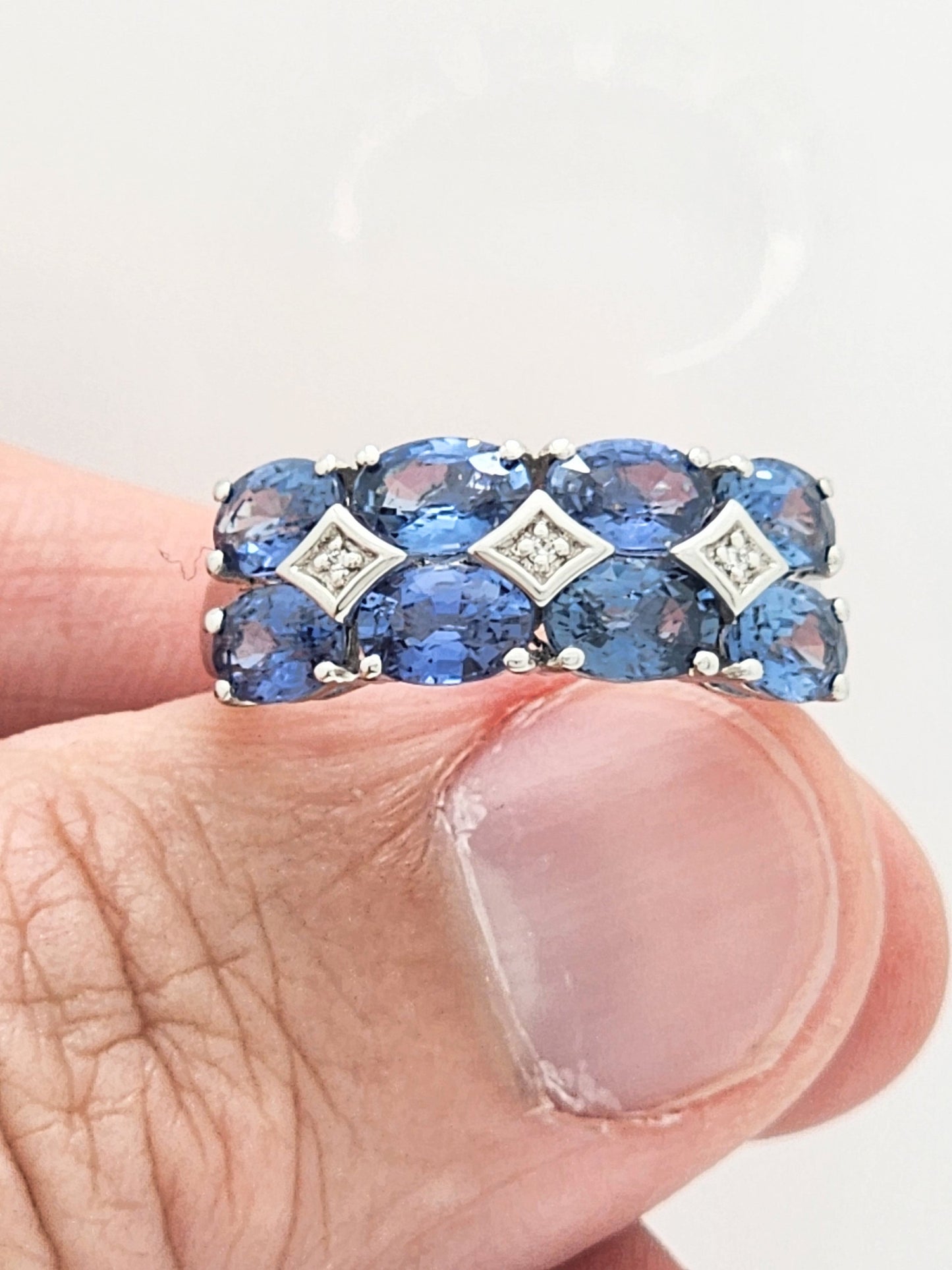 4.50 CARAT 8-STONE CEYLON BLUE SAPPHIRE and DIAMOND RING in 18KWG!!! SIZE 5