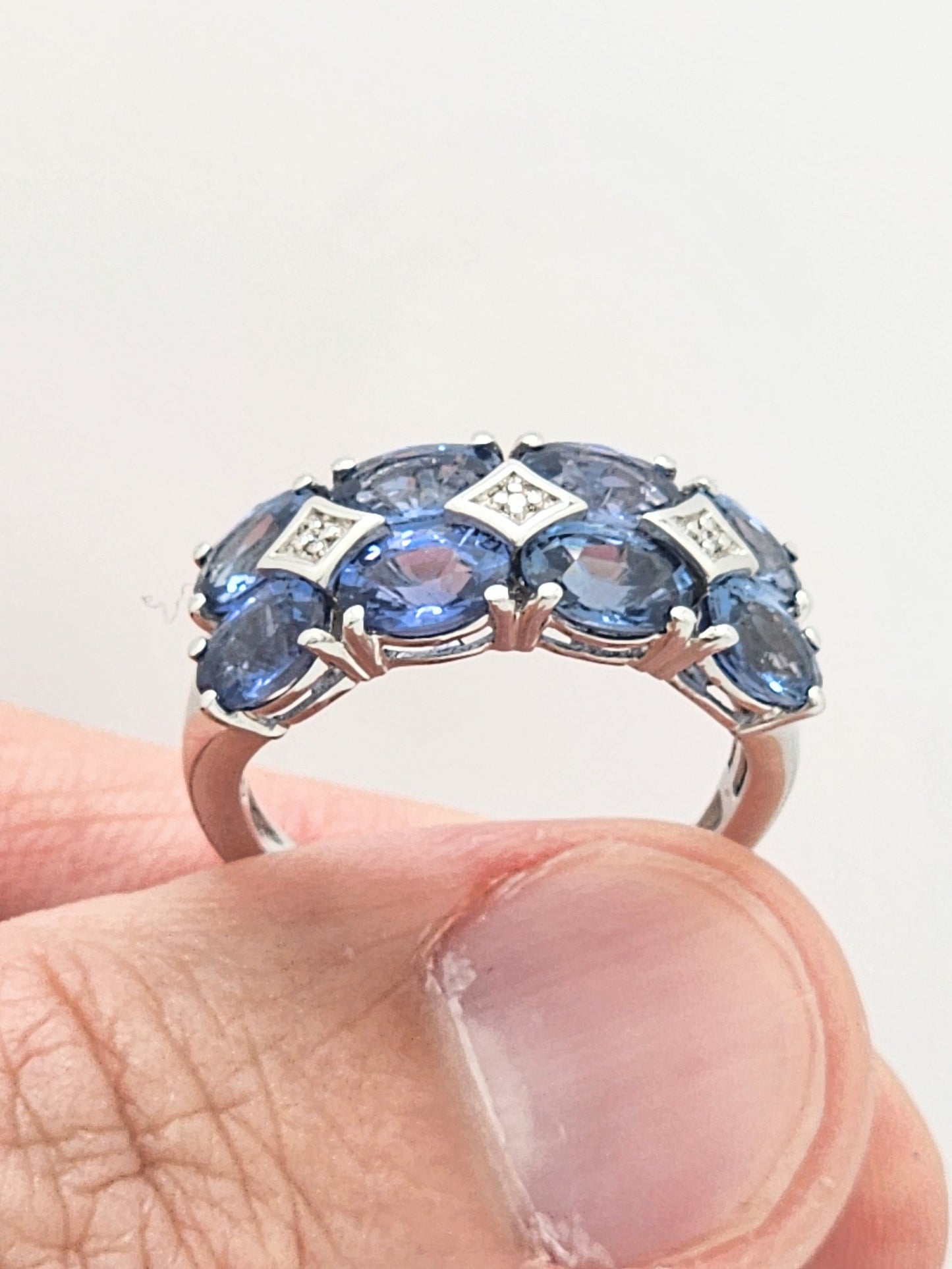 4.50 CARAT 8-STONE CEYLON BLUE SAPPHIRE and DIAMOND RING in 18KWG!!! SIZE 5
