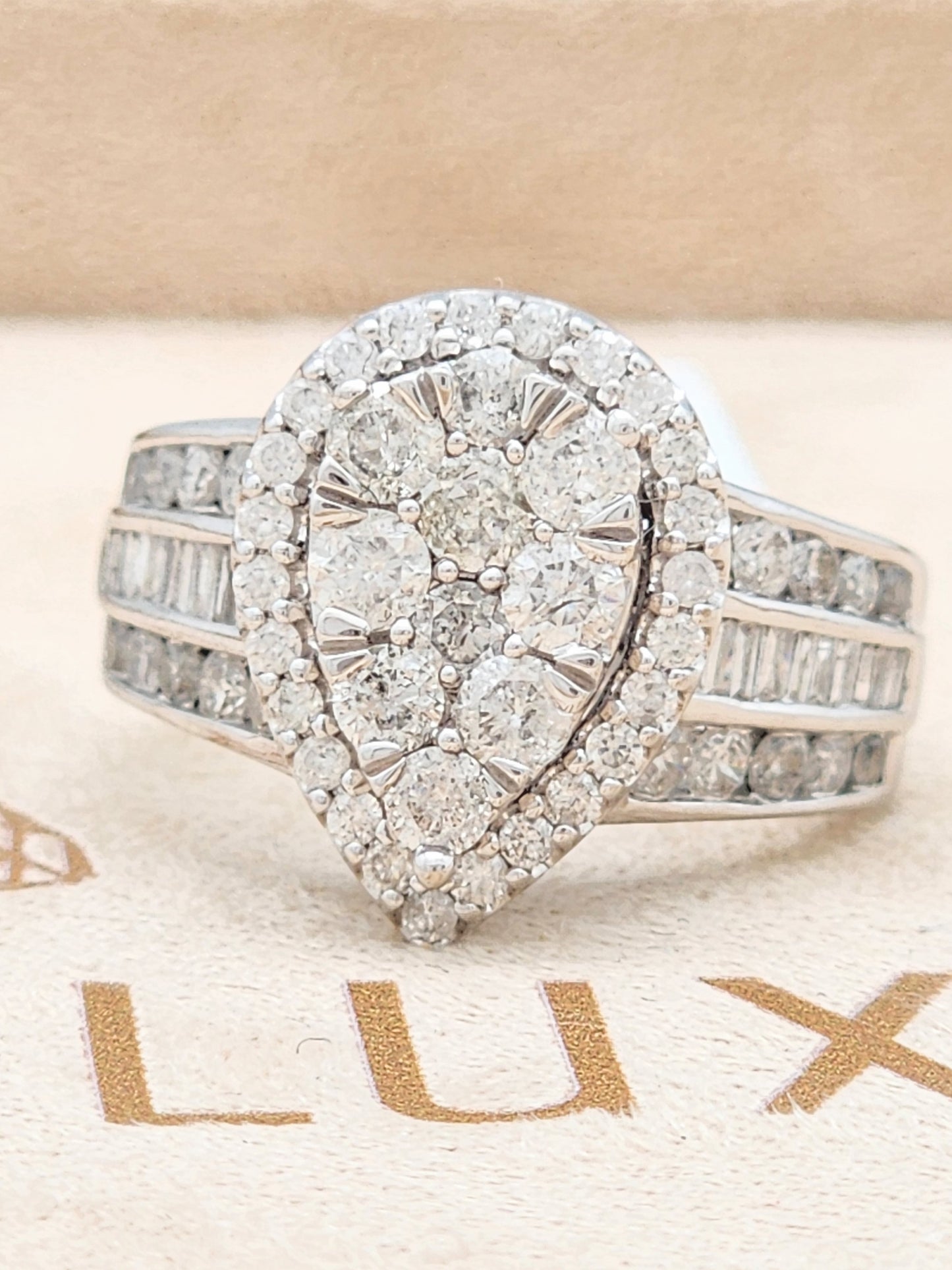 2.00 Carat Pear Shape Diamond Halo Cluster Ring in 14KWG!!