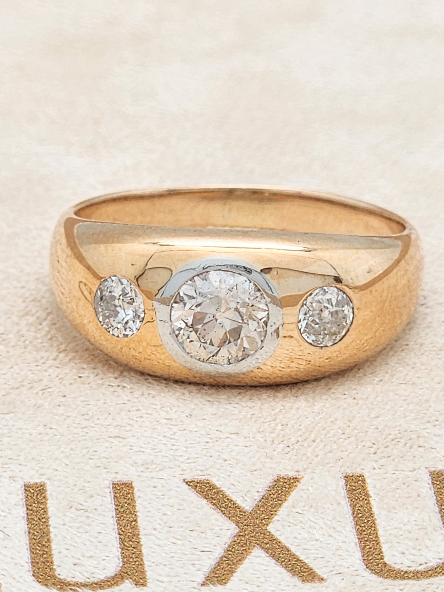ESTATE 0.90 Carat European Cut 3-Diamond Band in 14KYG