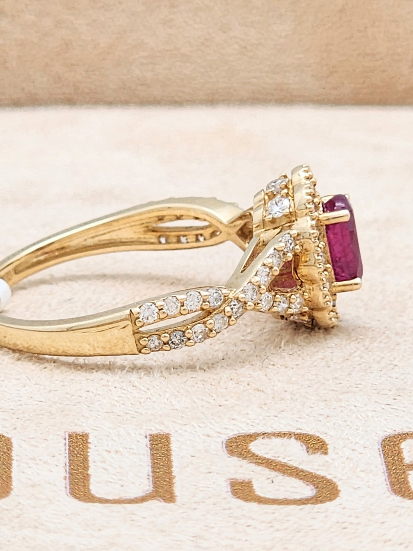 1.08 Total Carat Ruby and Diamond Halo Ring in 14KYG!