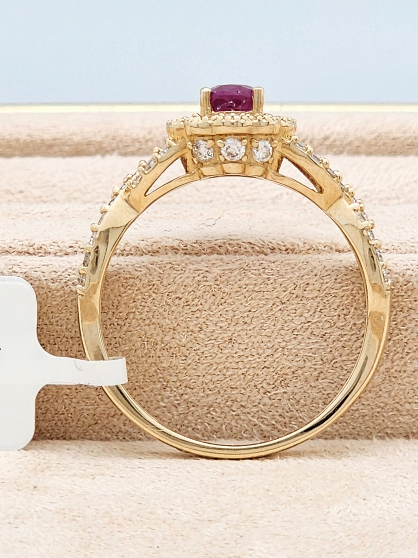 1.08 Total Carat Ruby and Diamond Halo Ring in 14KYG!