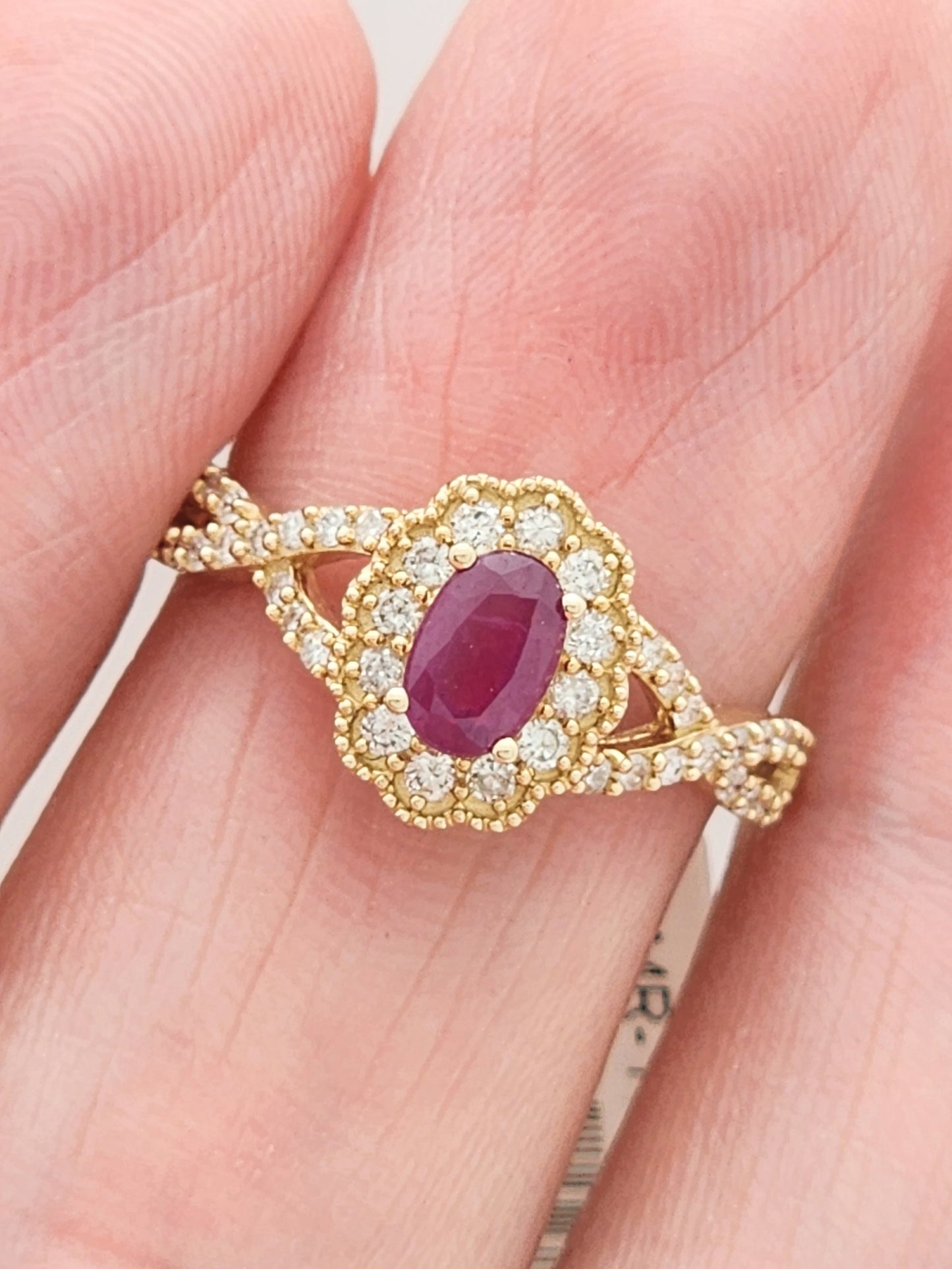 1.08 Total Carat Ruby and Diamond Halo Ring in 14KYG!
