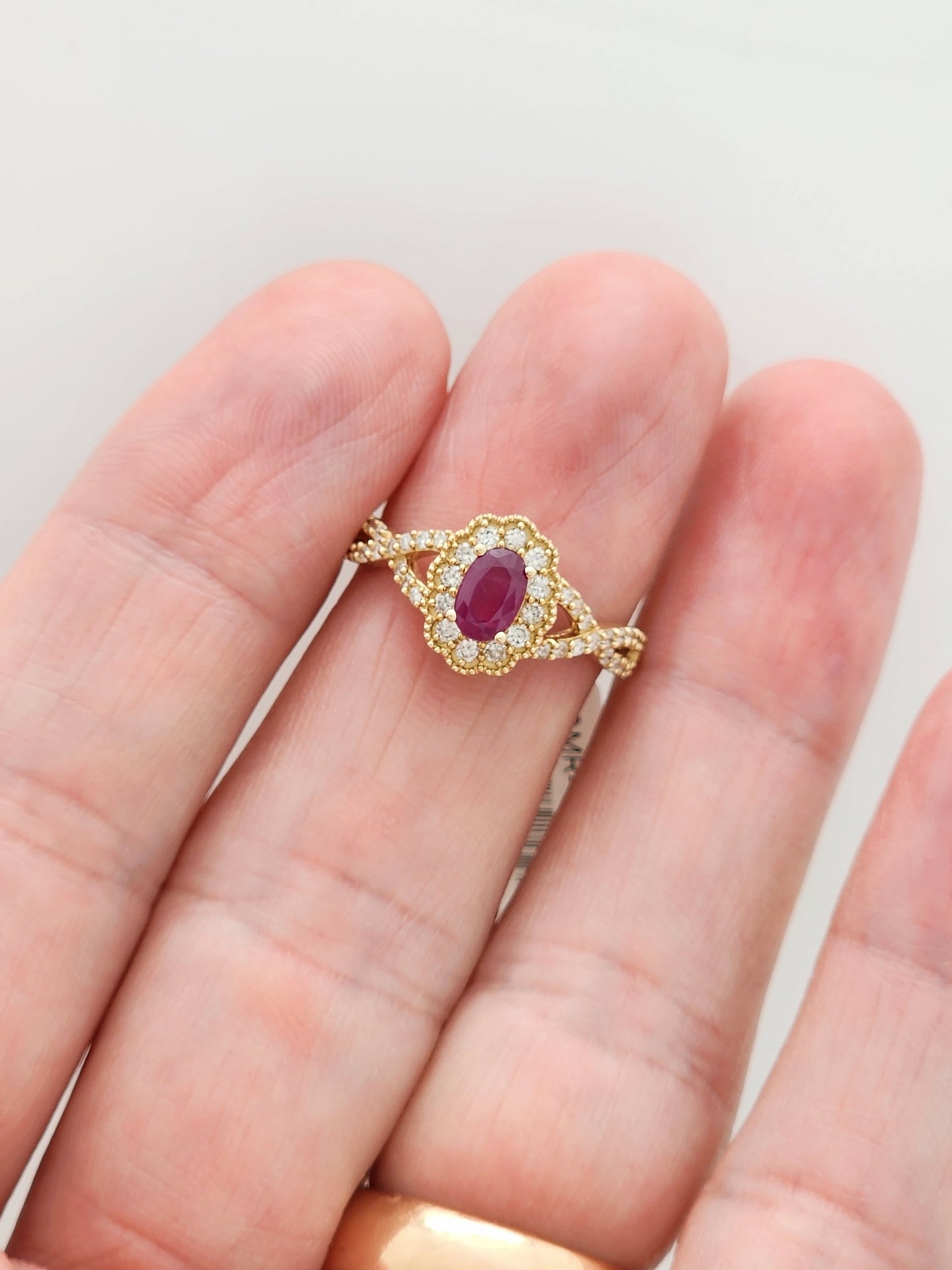 1.08 Total Carat Ruby and Diamond Halo Ring in 14KYG!