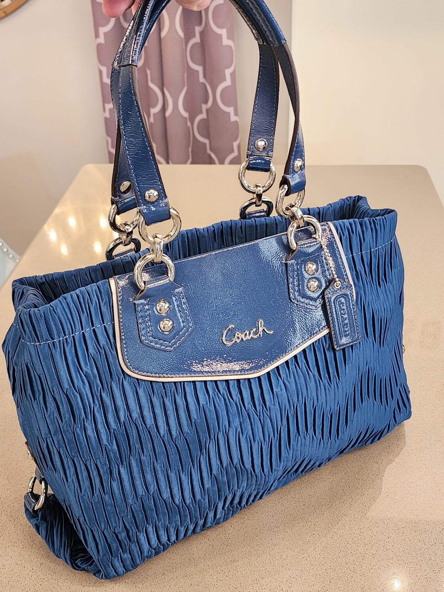COACH Gathered Pleated Silk Satchel in Teal Blue