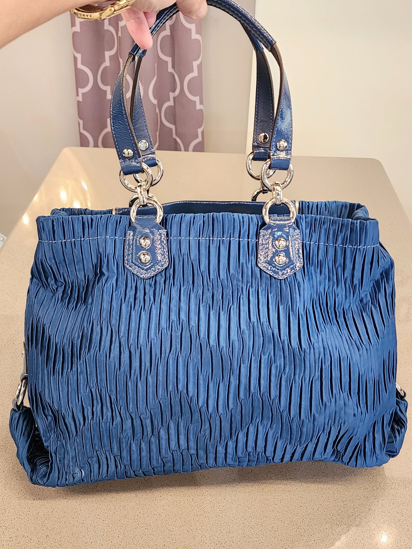 COACH Gathered Pleated Silk Satchel in Teal Blue