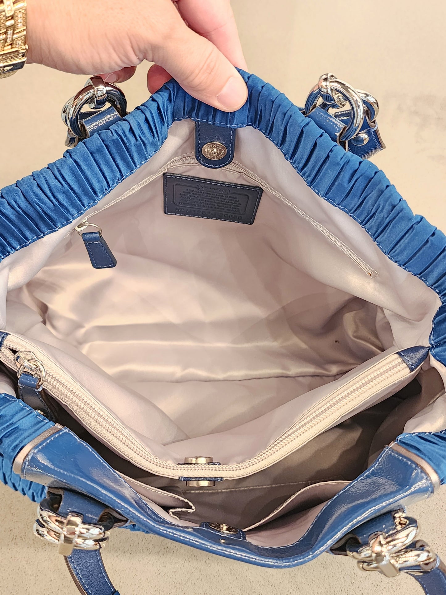 COACH Gathered Pleated Silk Satchel in Teal Blue