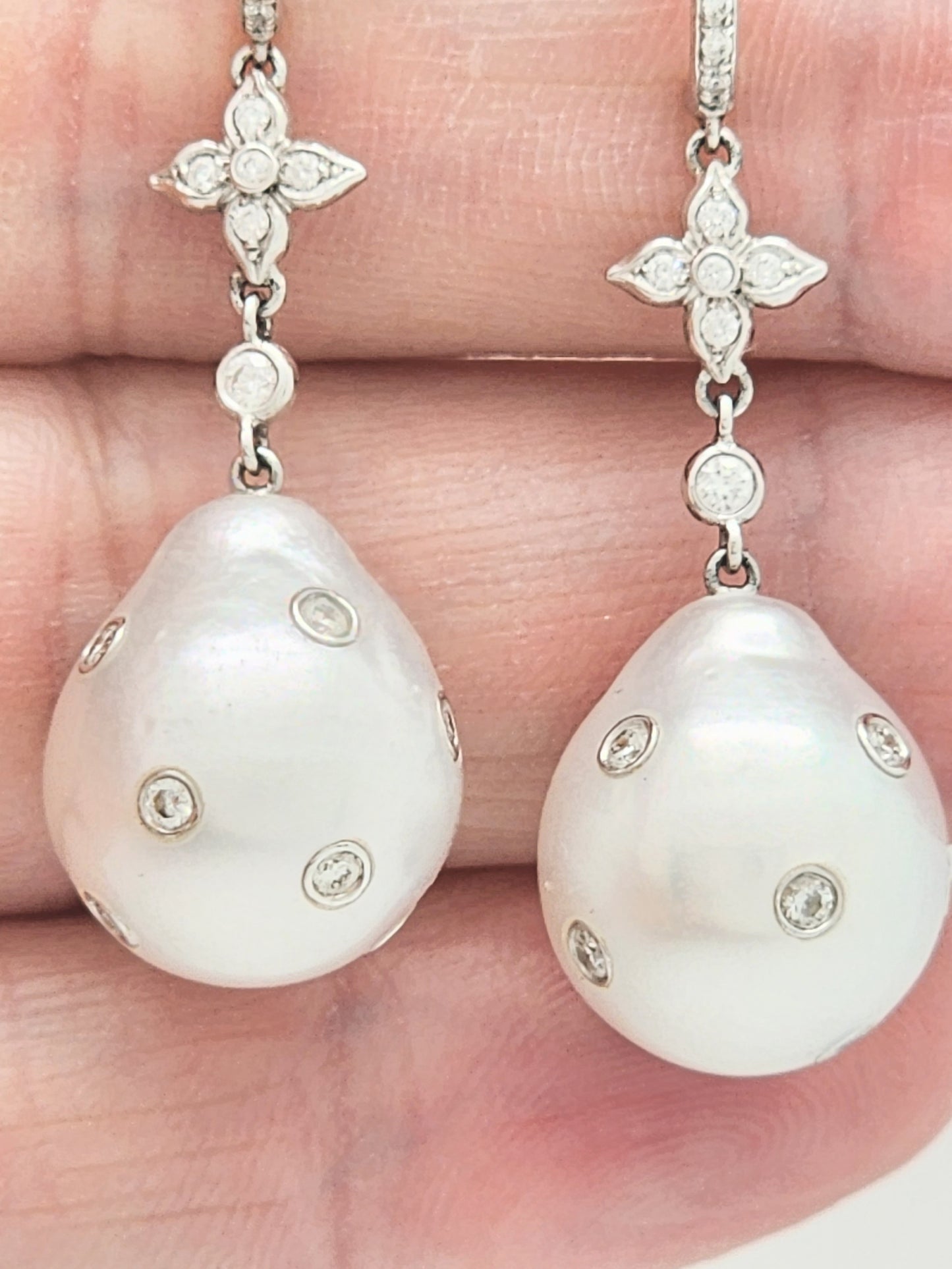 Custom 13.5mm South Sea Pearl Drop Earrings with Inlaid Bezel Set Diamonds