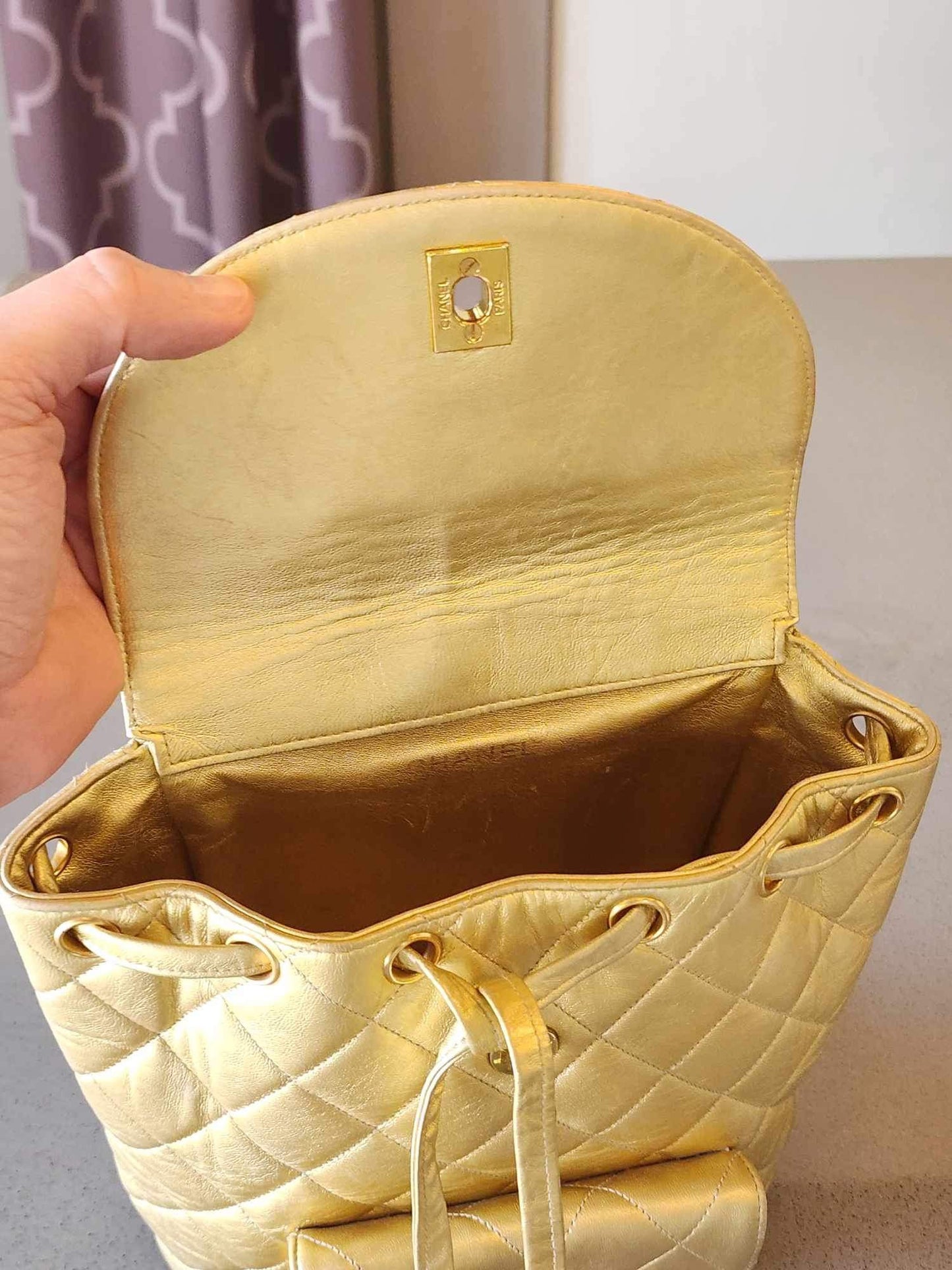 Vintage CHANEL Duma Backpack in Gold Metallic Lambskin with Gold Hardware