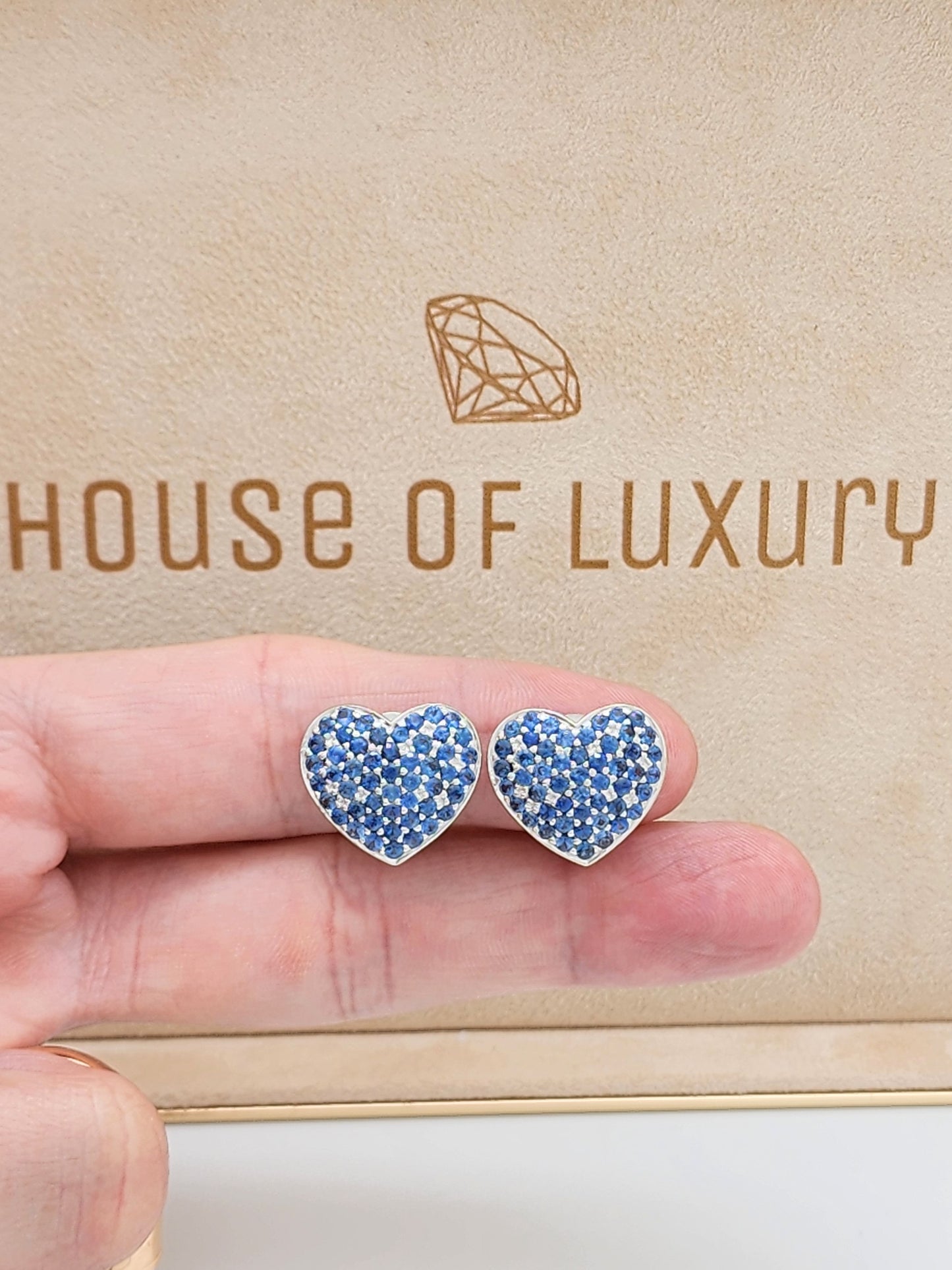 STUNNING 6.00 Carat Blue Sapphire and Diamond Heart Earrings in 18KWG