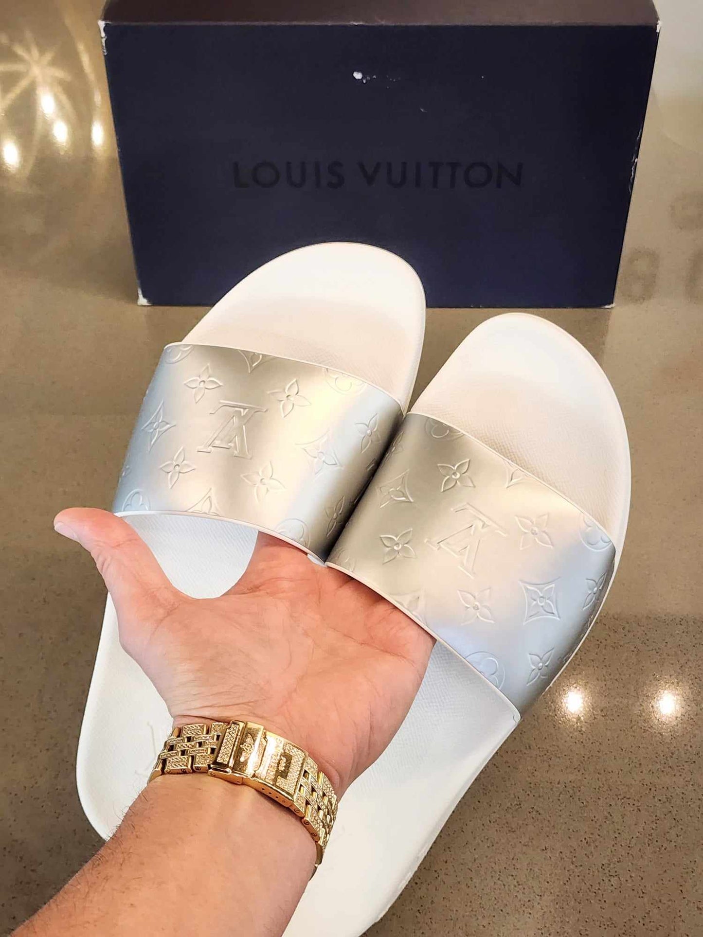 LOUIS VUITTON Waterfront Mule Slides in White and Metallic Monogram Rubber Size 10 (Fits like US 11)