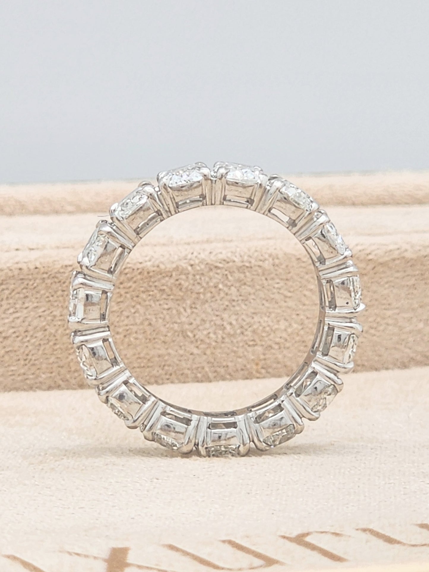 7.82 Carat Elongated Antique Cushion Cut Diamond Eternity Ring in Platinum!! Size 7