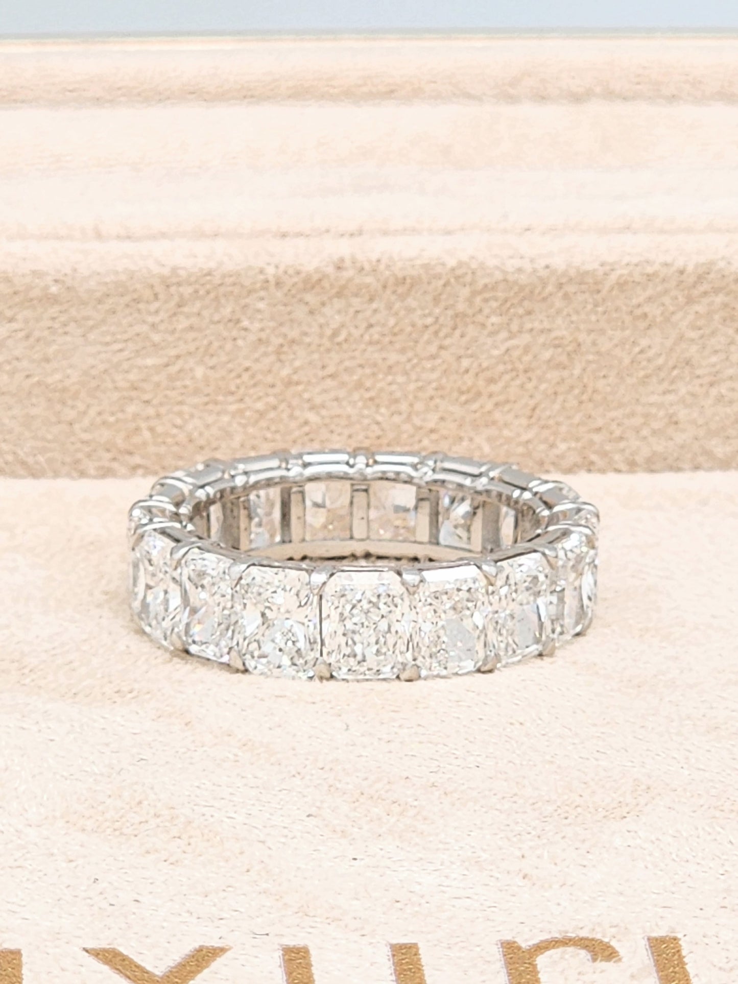 8.70 Carat Radiant Cut Diamond Eternity Band in Platinum. Size 6.5