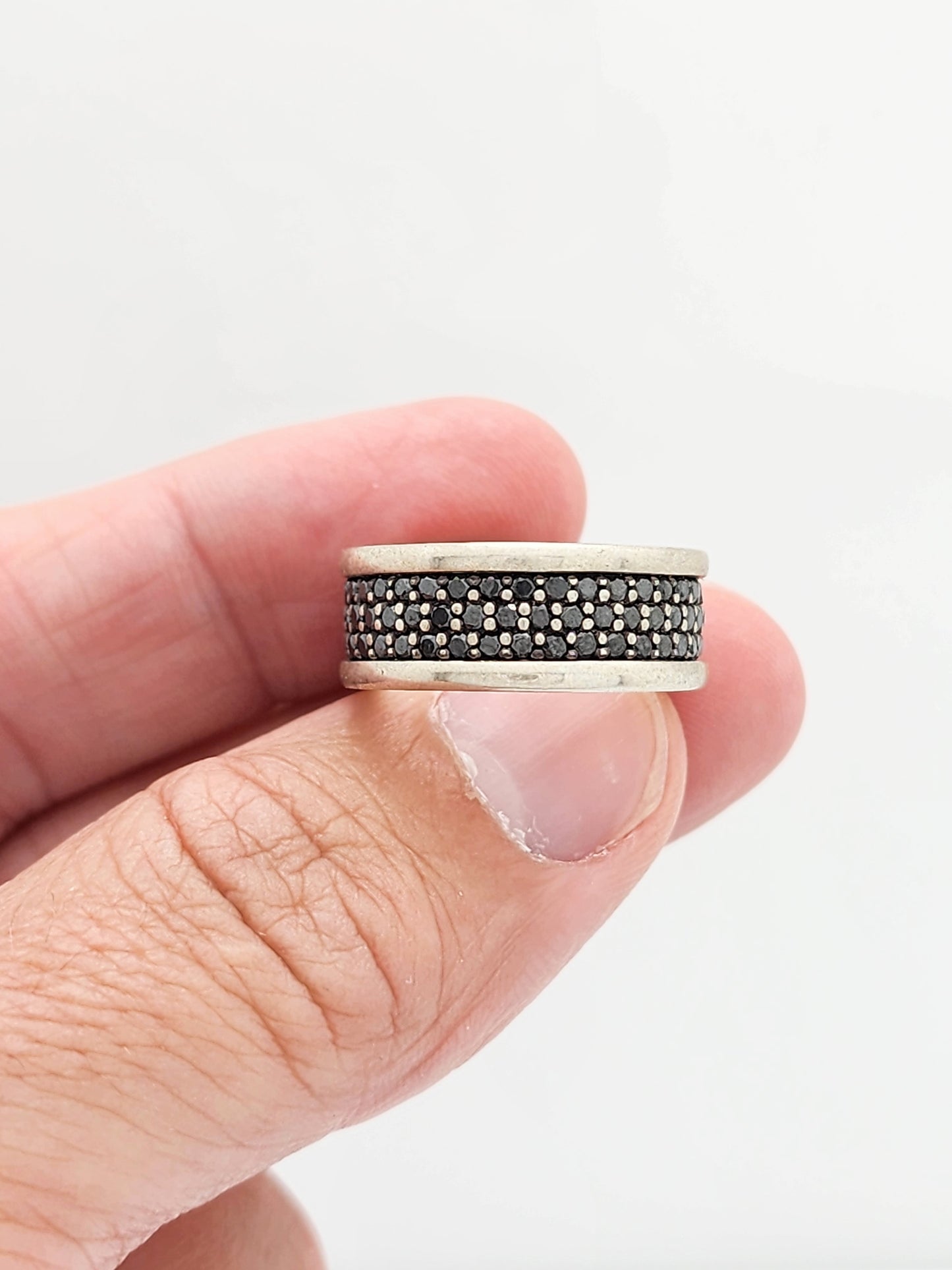 DAVID YURMAN Streamline Three-Row Band Ring with Black Diamonds in Sterling Silver Size 7