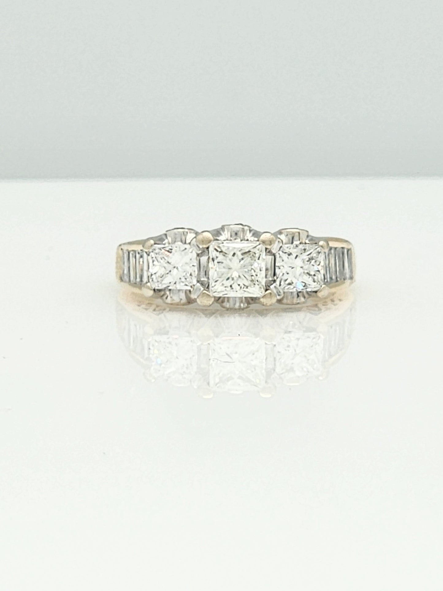 1.50 Carat 3-Stone Princess Cut Diamond Ring with Baguette and Round Diamond Accents set in Two-Tone 14K Gold!!