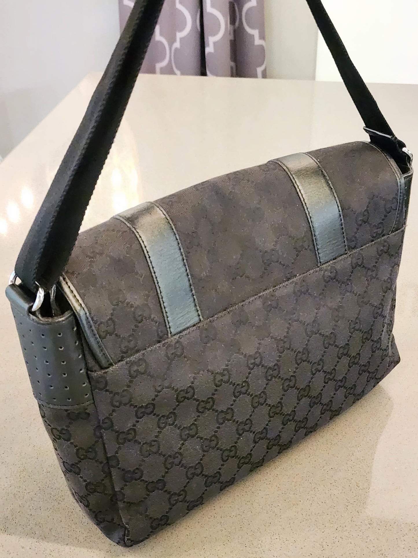 GUCCI GG Black Canvas and Perforated Leather Messenger Bag