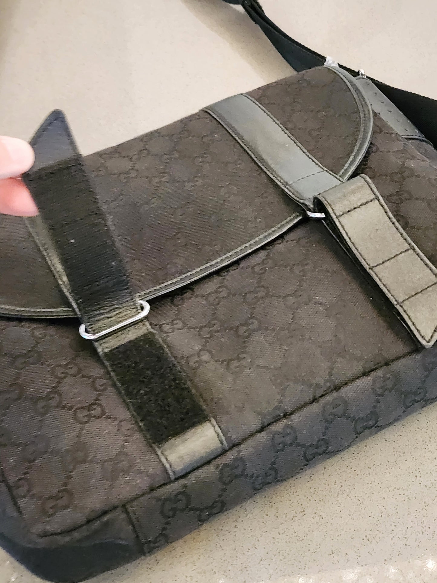 GUCCI GG Black Canvas and Perforated Leather Messenger Bag