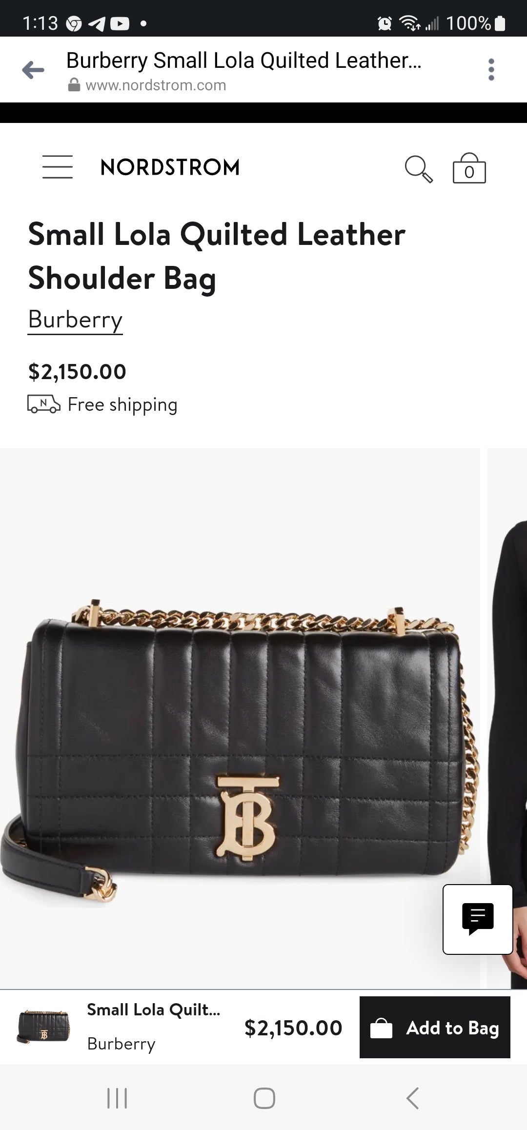 BURBERRY Small Lola Quilted Black Leather Shoulder/Crossbody Bag - Retail: $2,150