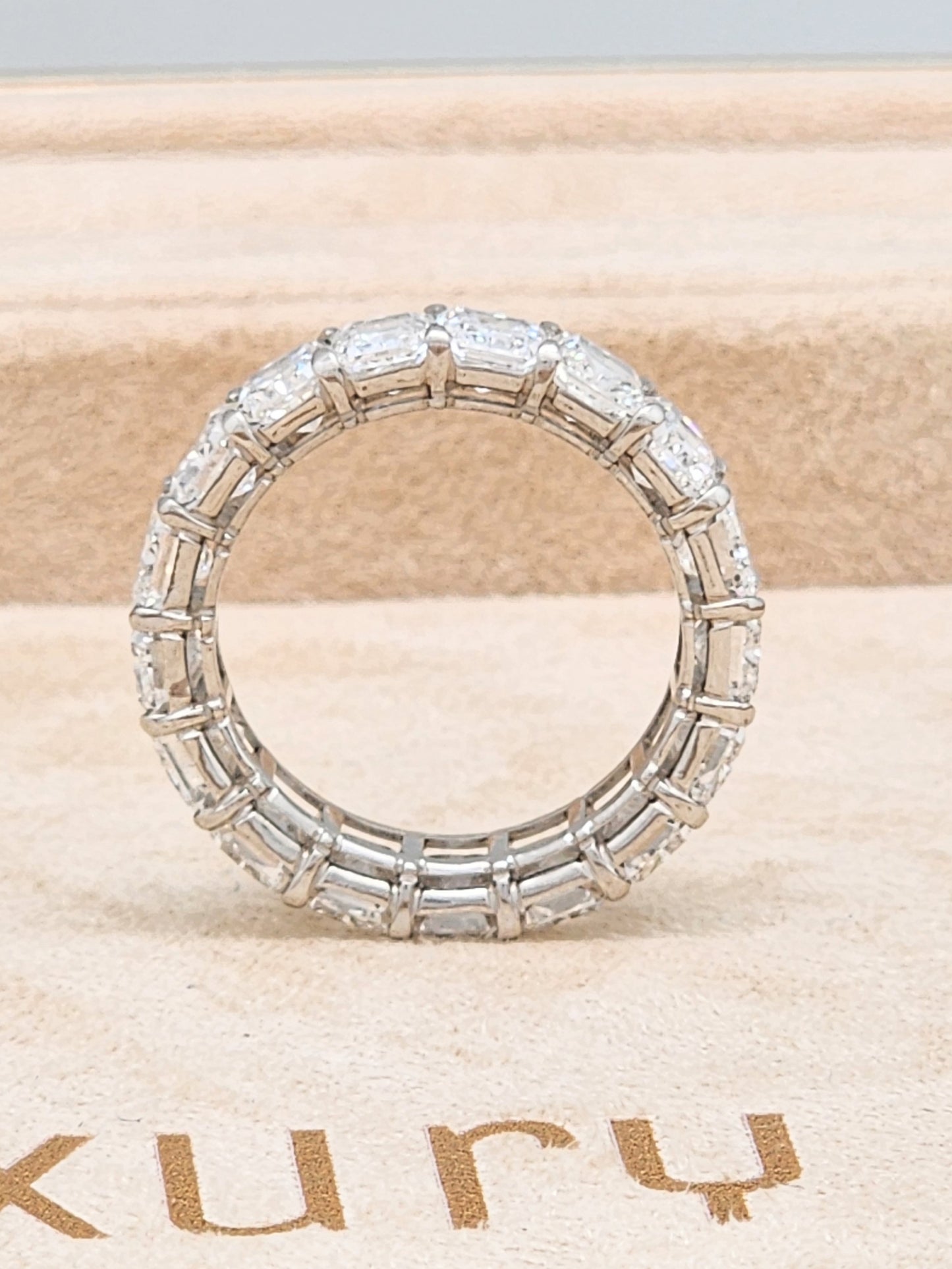 8.70 Carat Radiant Cut Diamond Eternity Band in Platinum. Size 6.5