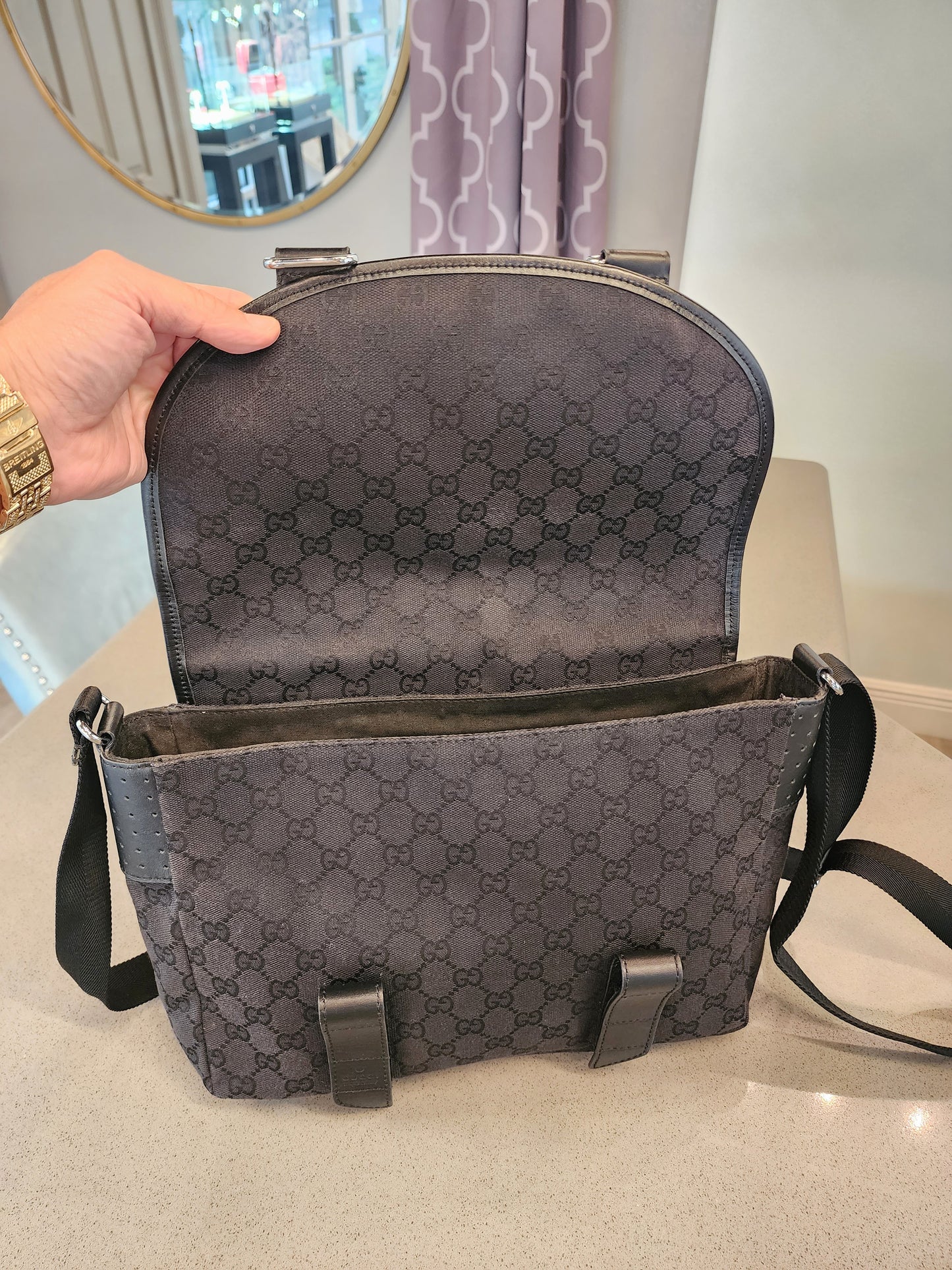 GUCCI GG Black Canvas and Perforated Leather Messenger Bag