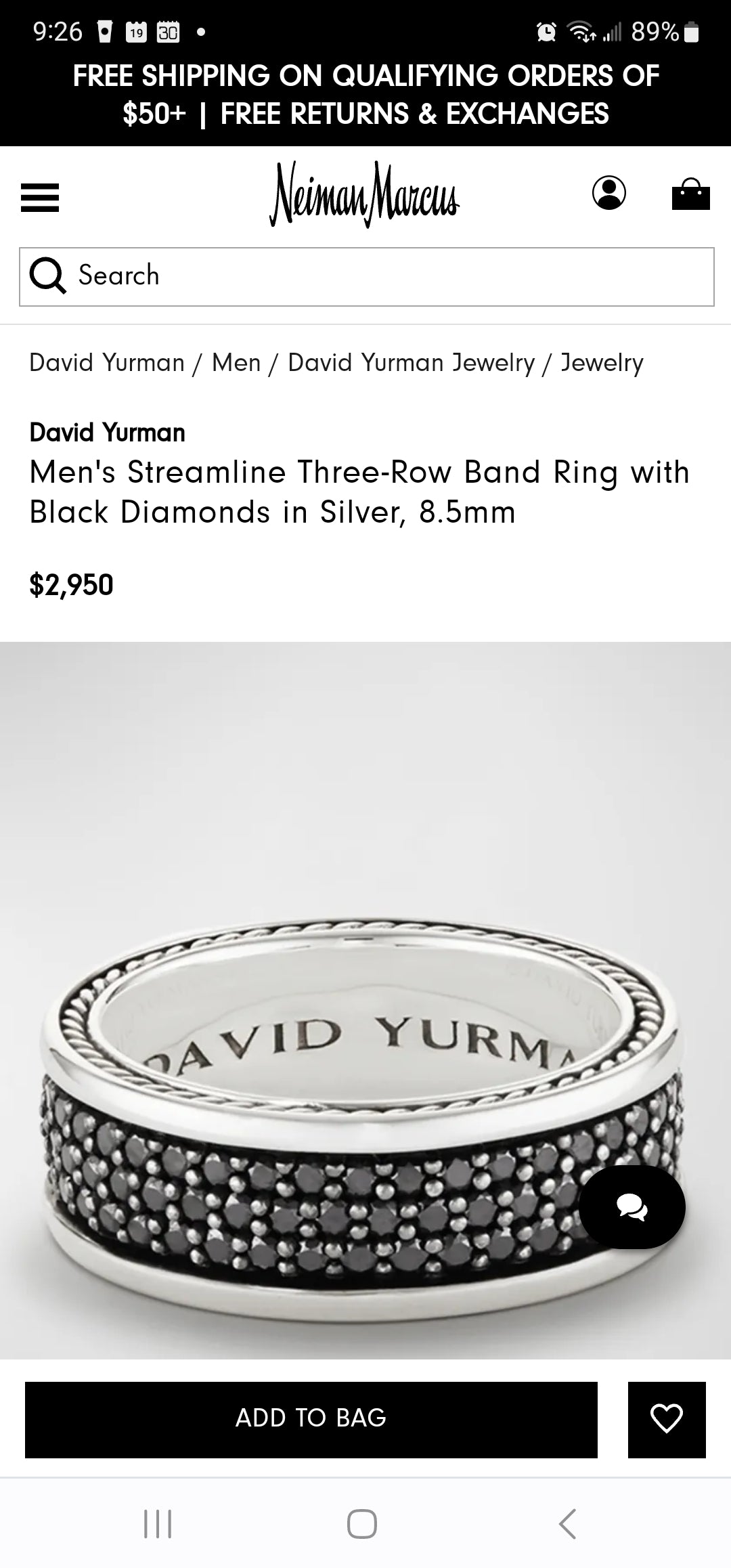 DAVID YURMAN Streamline Three-Row Band Ring with Black Diamonds in Sterling Silver Size 7