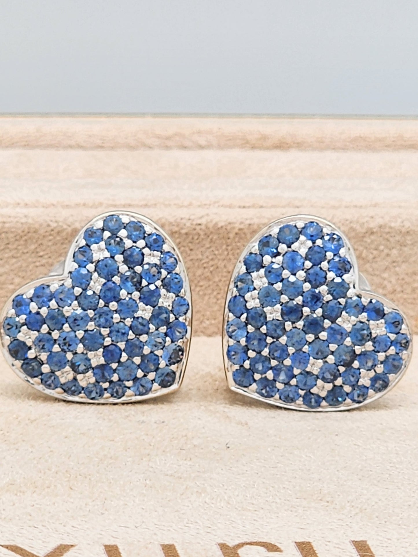 STUNNING 6.00 Carat Blue Sapphire and Diamond Heart Earrings in 18KWG