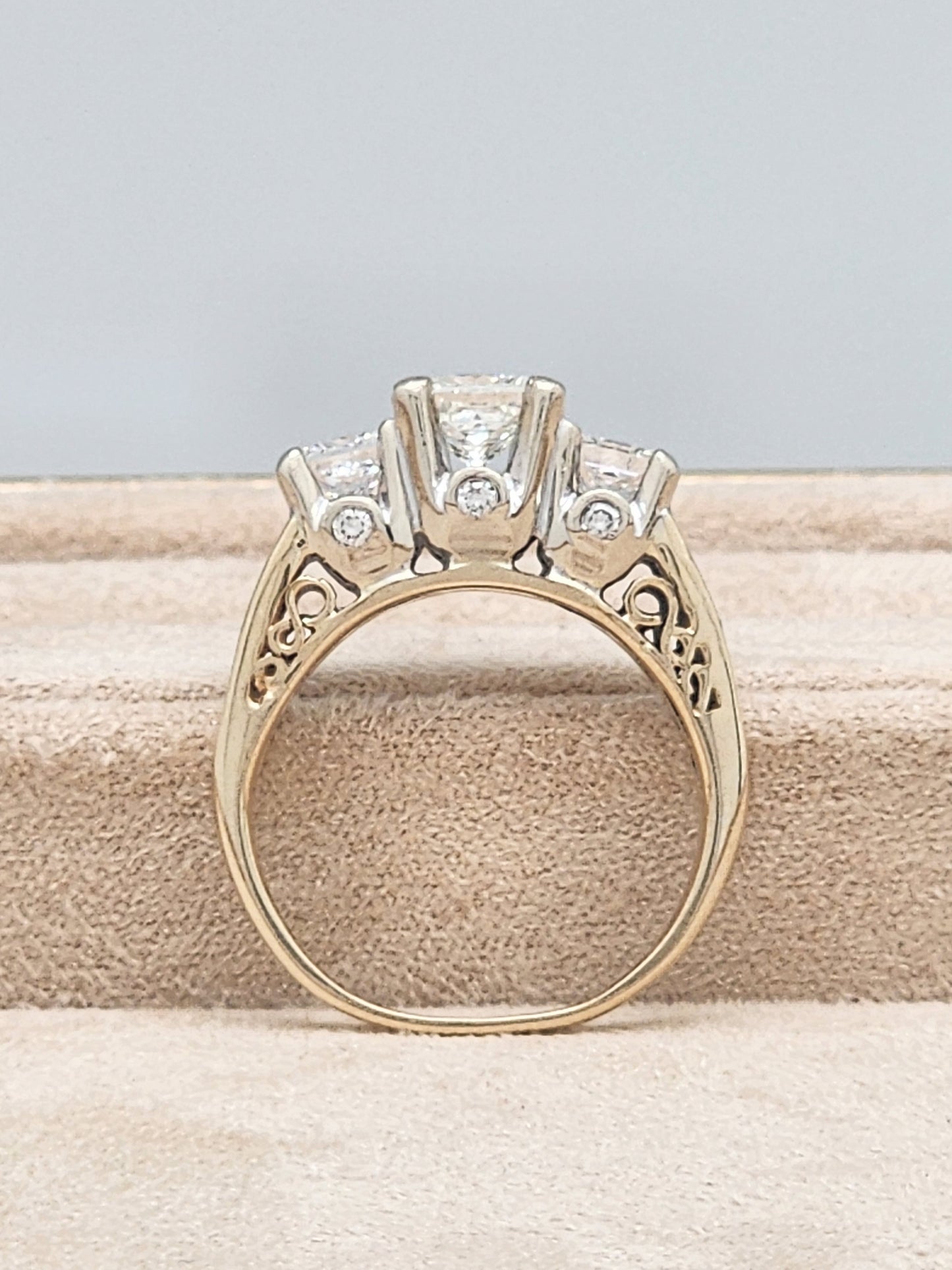 1.50 Carat 3-Stone Princess Cut Diamond Ring with Baguette and Round Diamond Accents set in Two-Tone 14K Gold!!