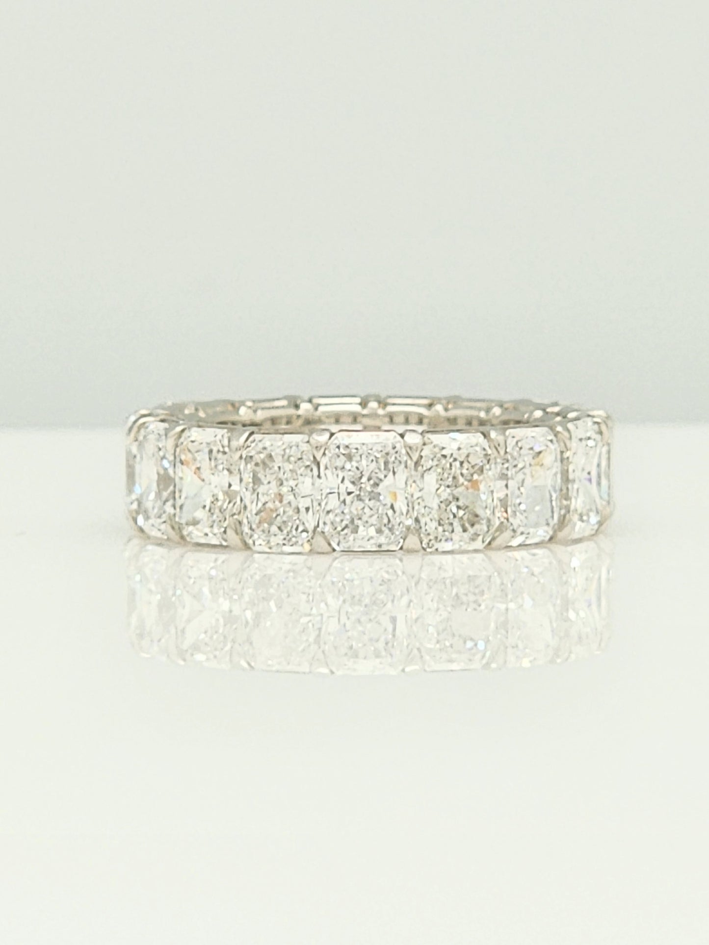 8.70 Carat Radiant Cut Diamond Eternity Band in Platinum. Size 6.5