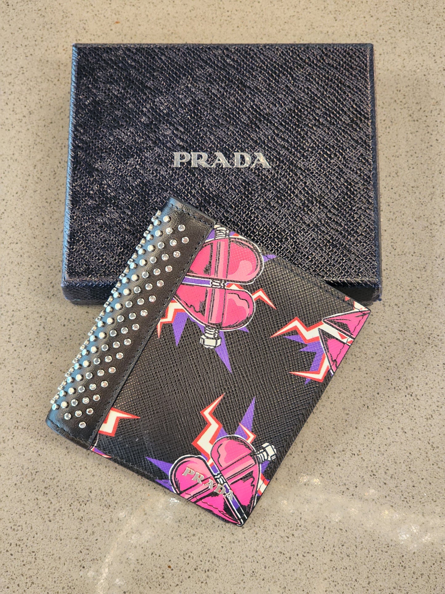 PRADA Saffiano Studded Heart Print Bi-Fold Wallet in Black Multi-Color
