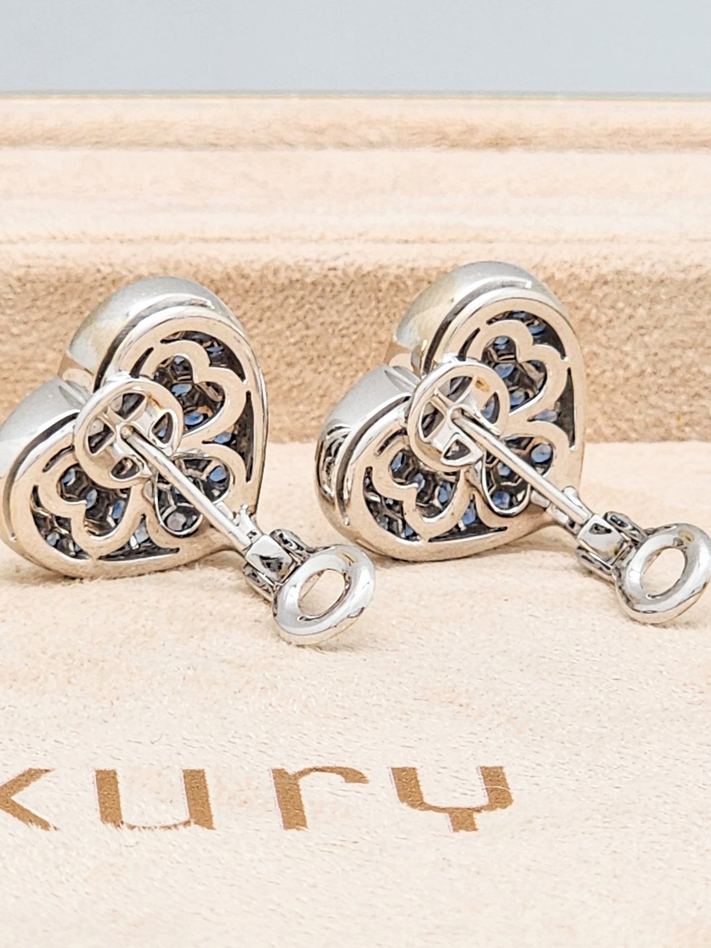STUNNING 6.00 Carat Blue Sapphire and Diamond Heart Earrings in 18KWG
