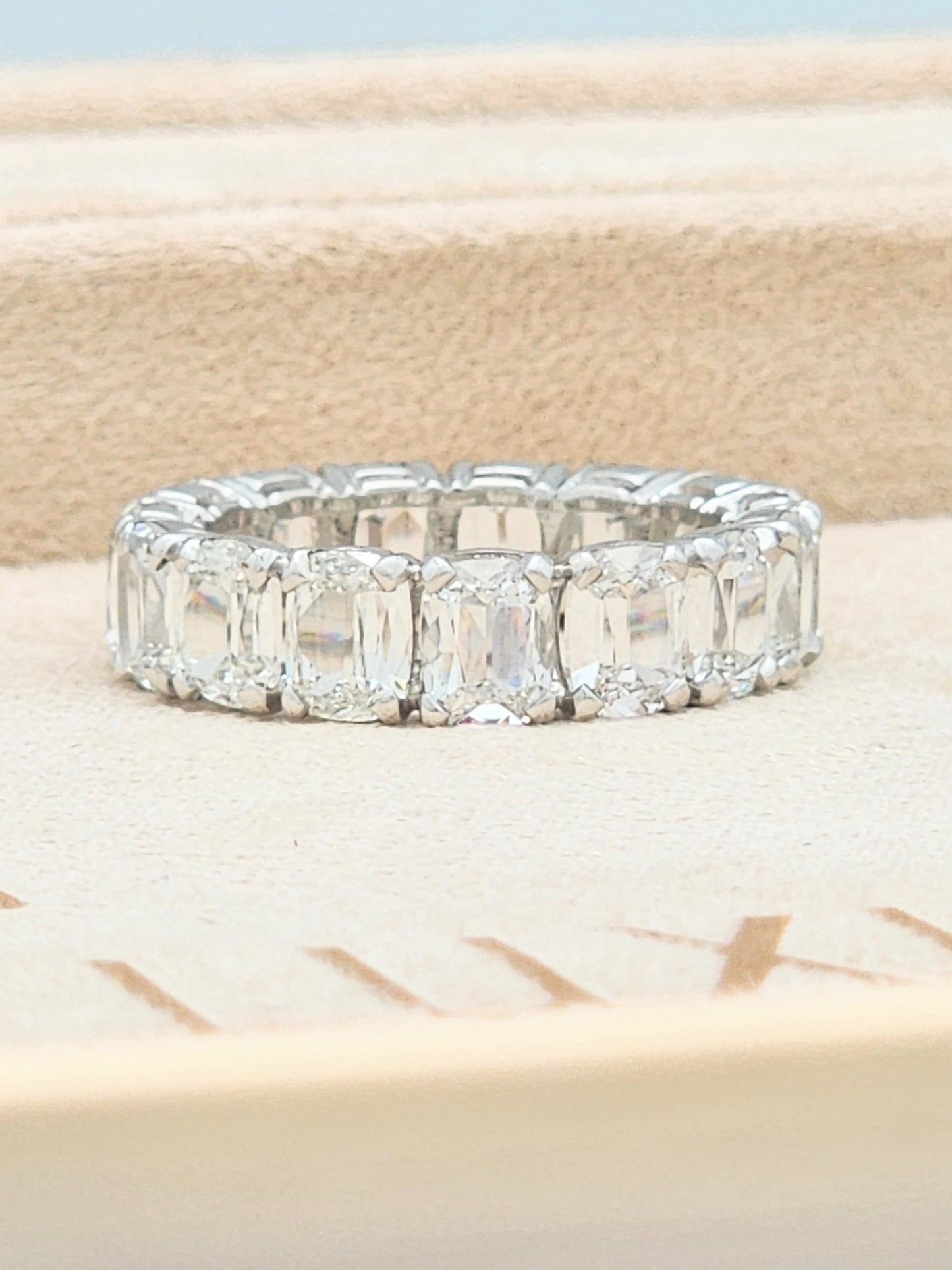 7.82 Carat Elongated Antique Cushion Cut Diamond Eternity Ring in Platinum!! Size 7